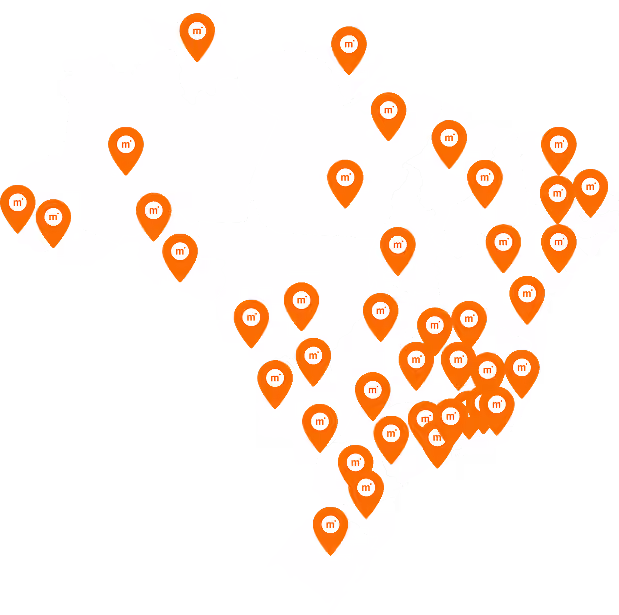 Mapa do Brasil com vários marcadores laranja indicando locais distribuídos pelo país.