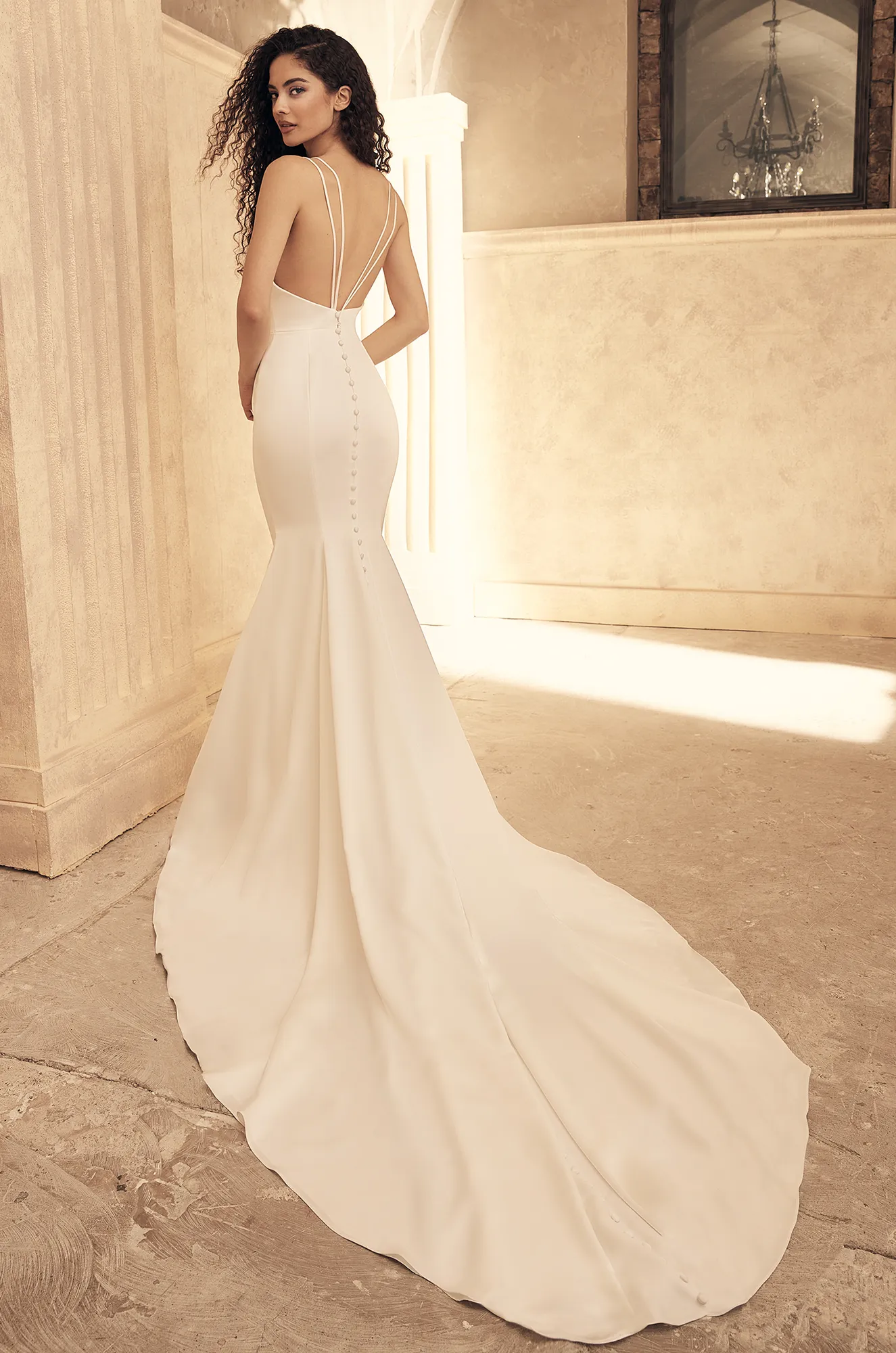 Wedding dress back view showing cowl neckline and sleek satin mermaid silhouette train.