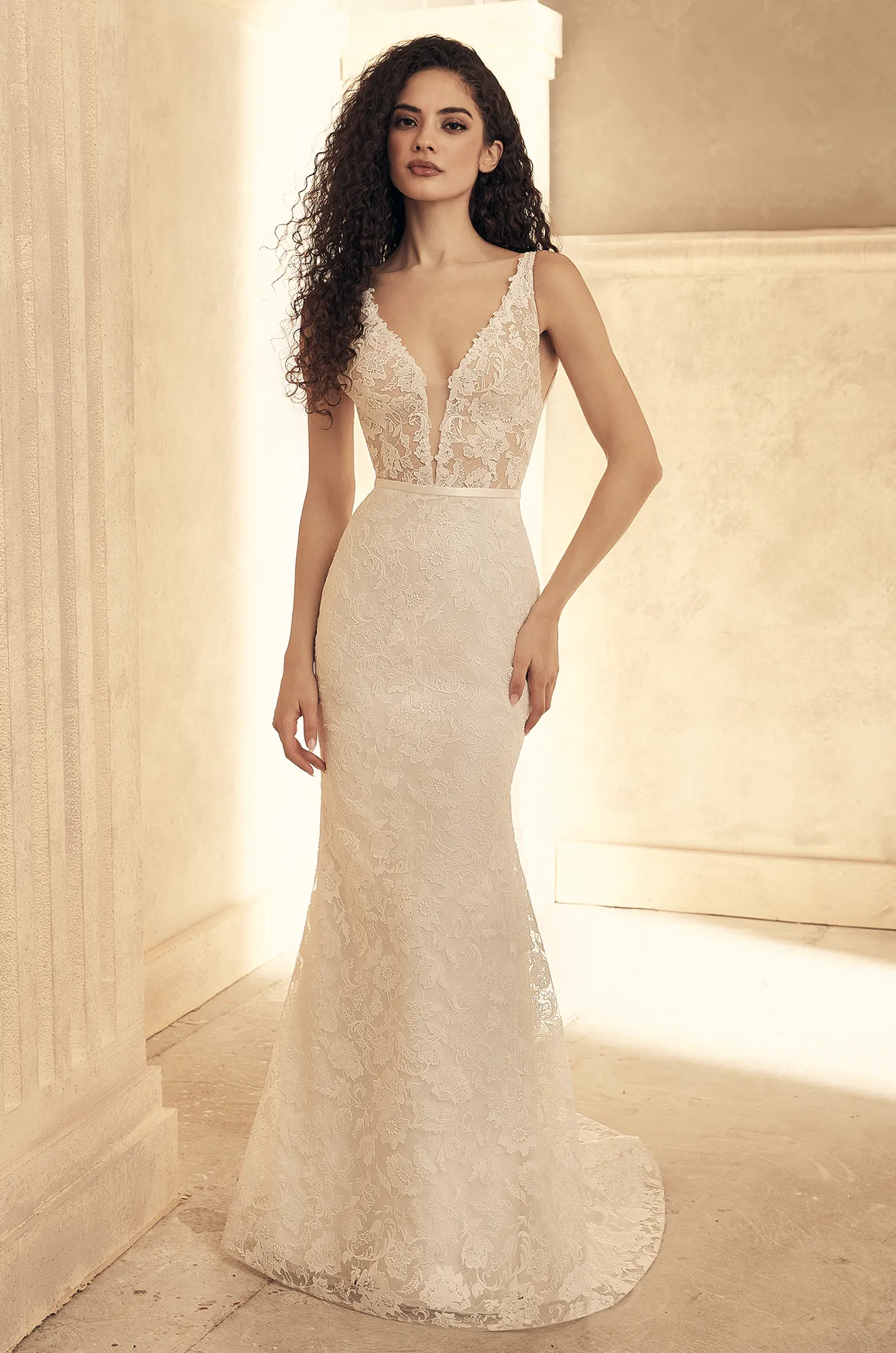 Front view of V-neckline lace wedding dress with sleeveless design, fitted bodice and mermaid silhouette.
