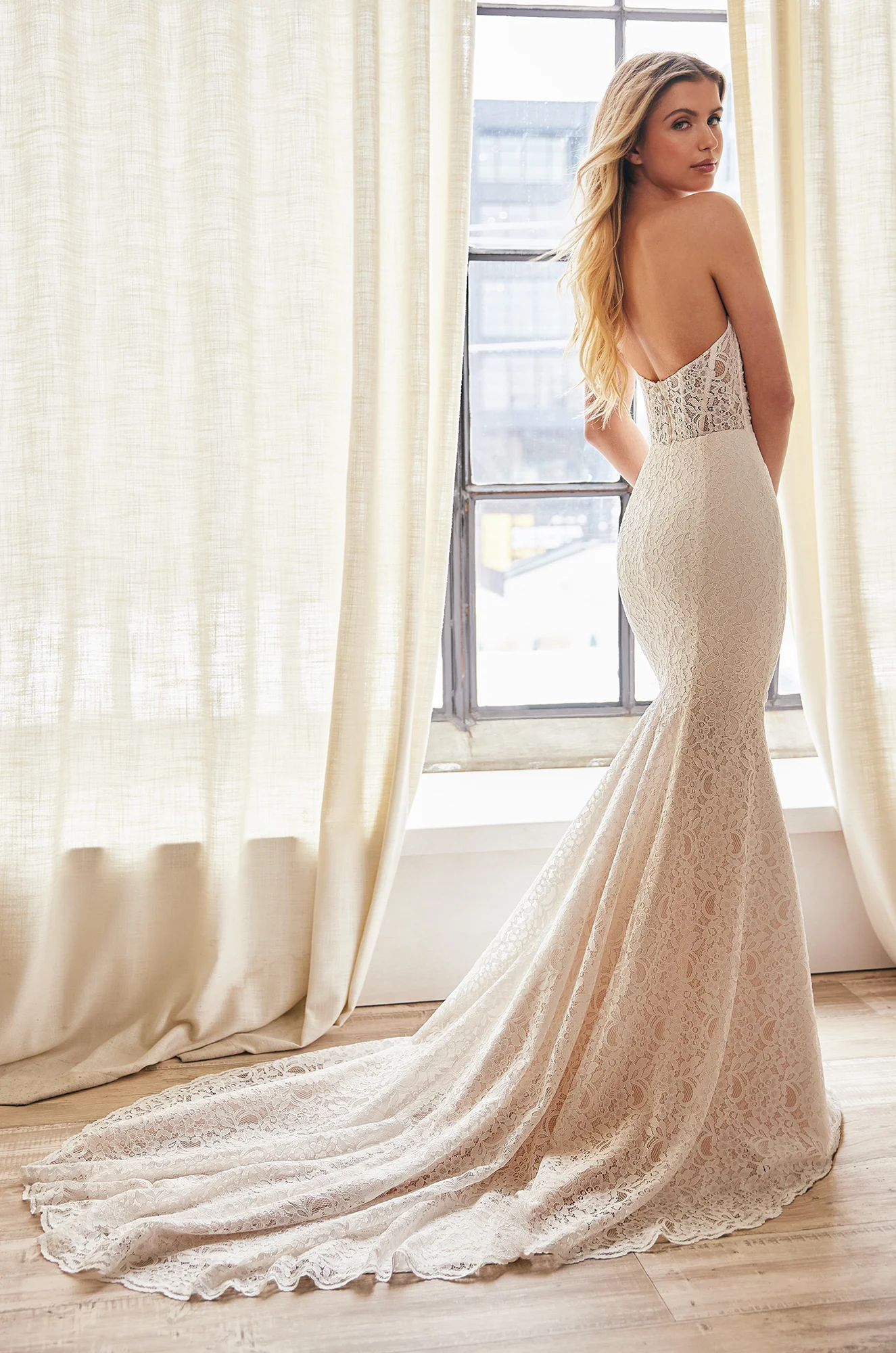 Back view of a strapless lace wedding dress with an open back, sheer lace on the back of the bodice, buttons on the back of the bodice to waist, and a fit and flare lace skirt, in front of a window.