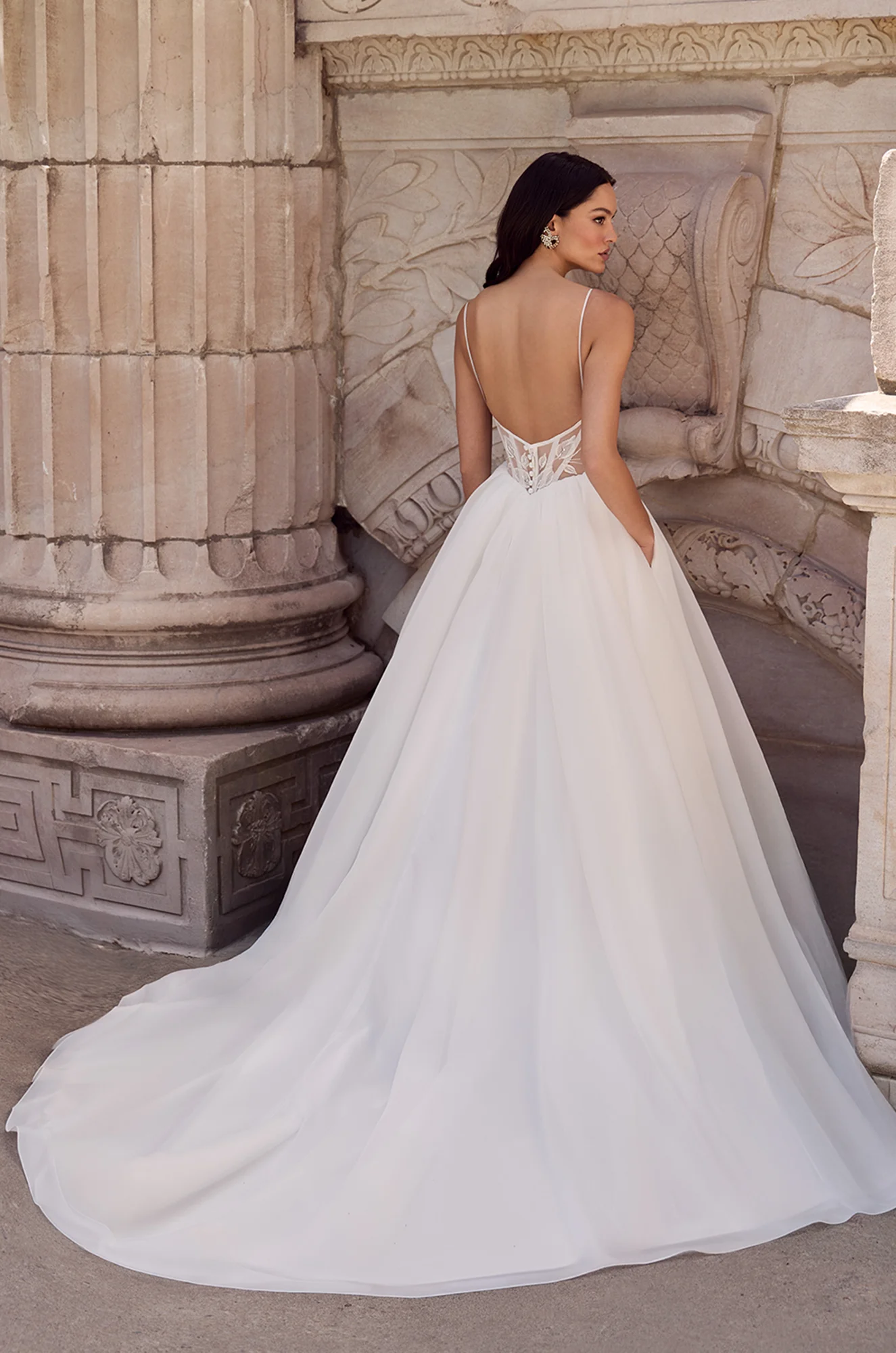 Wedding dress back view showing spaghetti straps and voluminous tulle ball gown silhouette.