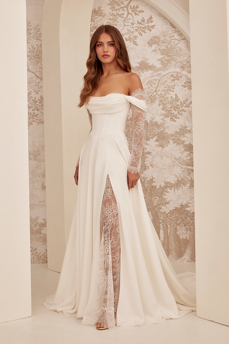 Crepe A-line with Chantilly lace slit and exposed corset boning