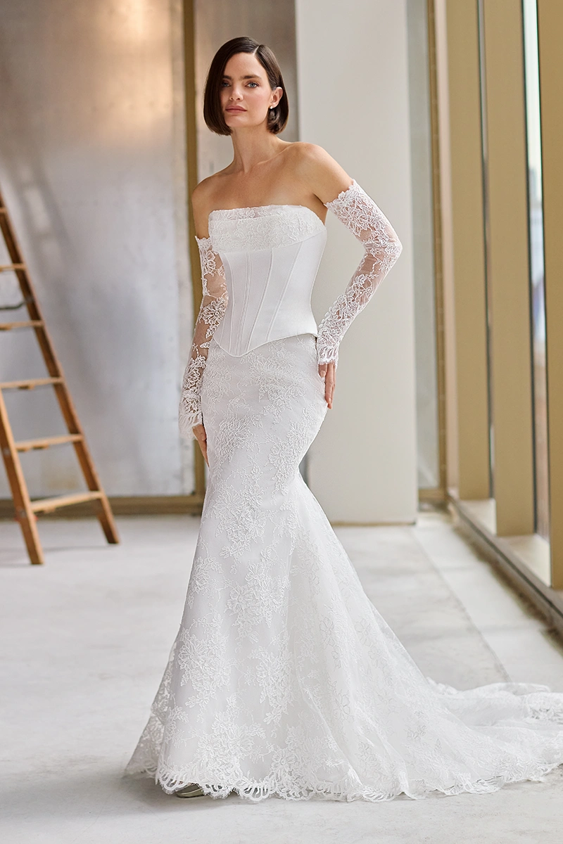 Strapless Charmeuse corset bodice with draped Lace neckline, separate fit and flare Lace skirt, and separate Lace sleeves.