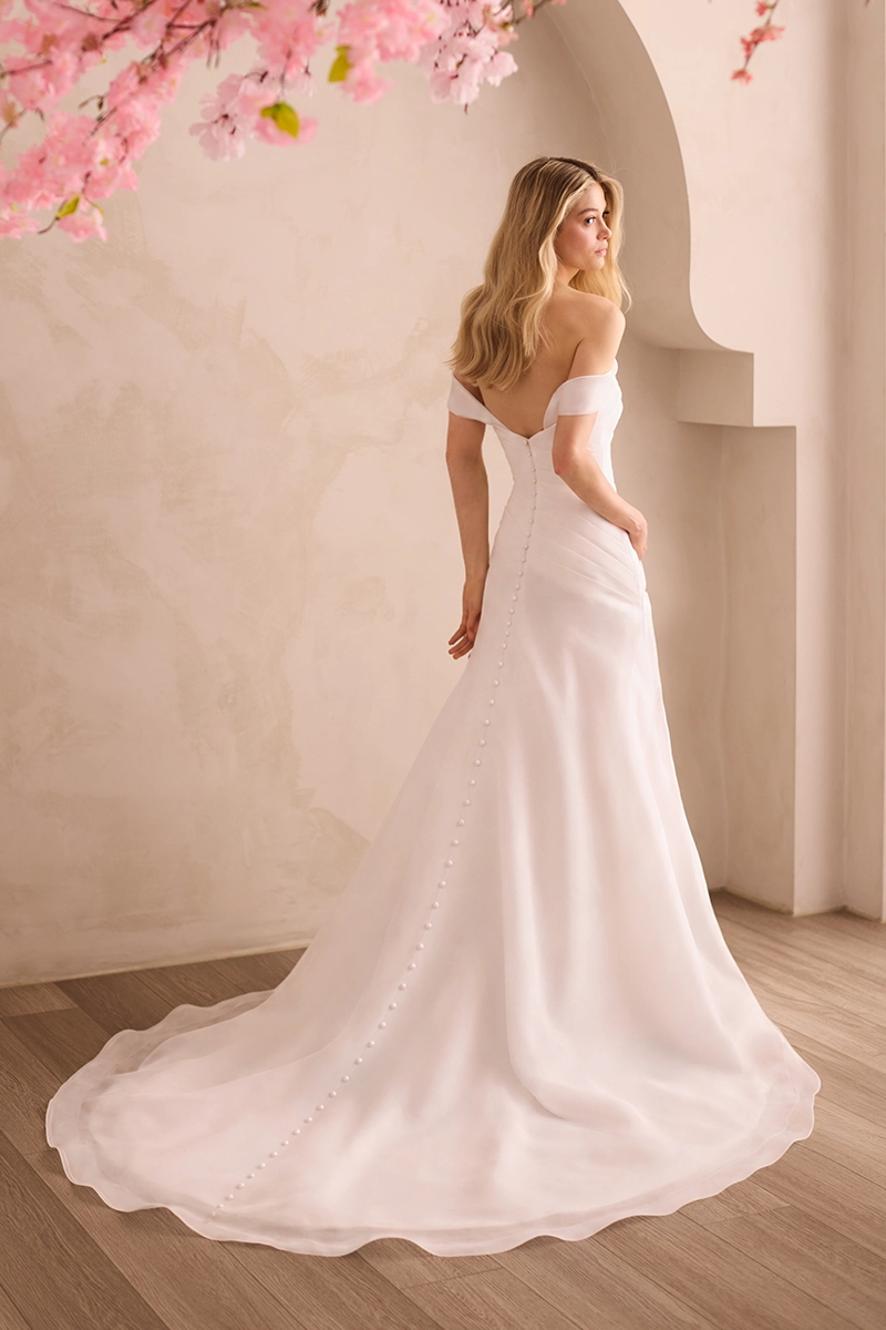 Organdy gown with asymmetric pleated bodice, draped sleeves, and a draped A-line skirt.