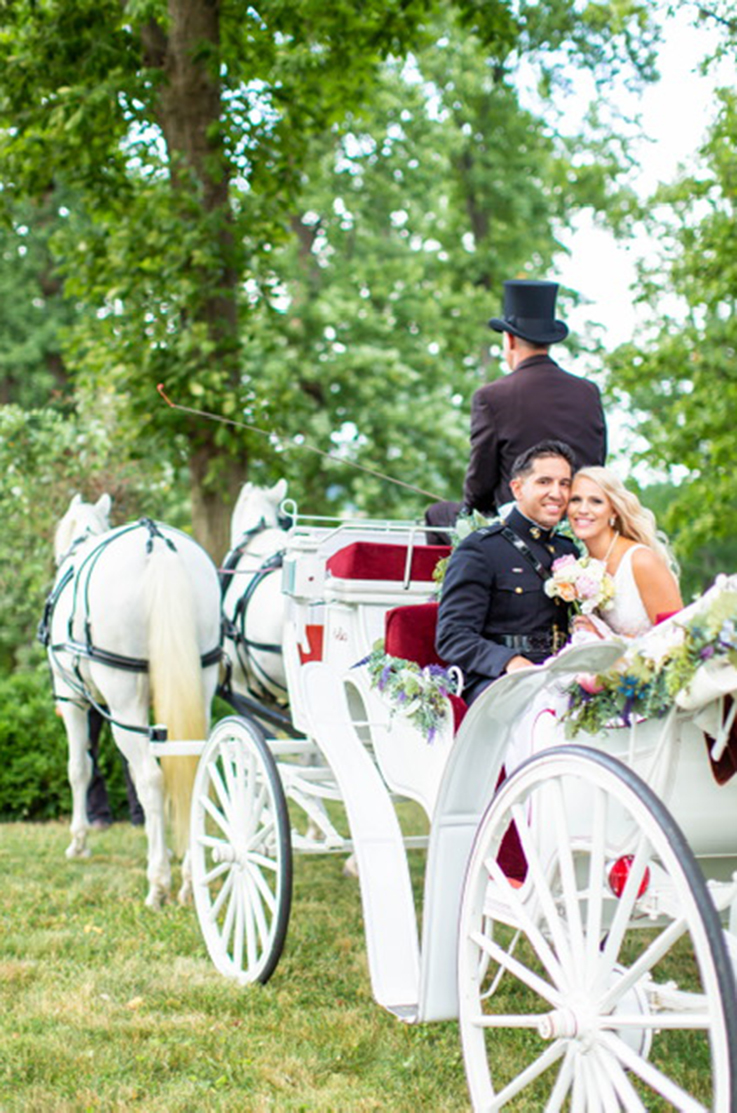 A bride in a sleeveless wedding dress and a groom in a marine dress uniform sit in a horse drawn carriage and smile, while the horses take them through a field of grass surrounded by trees.