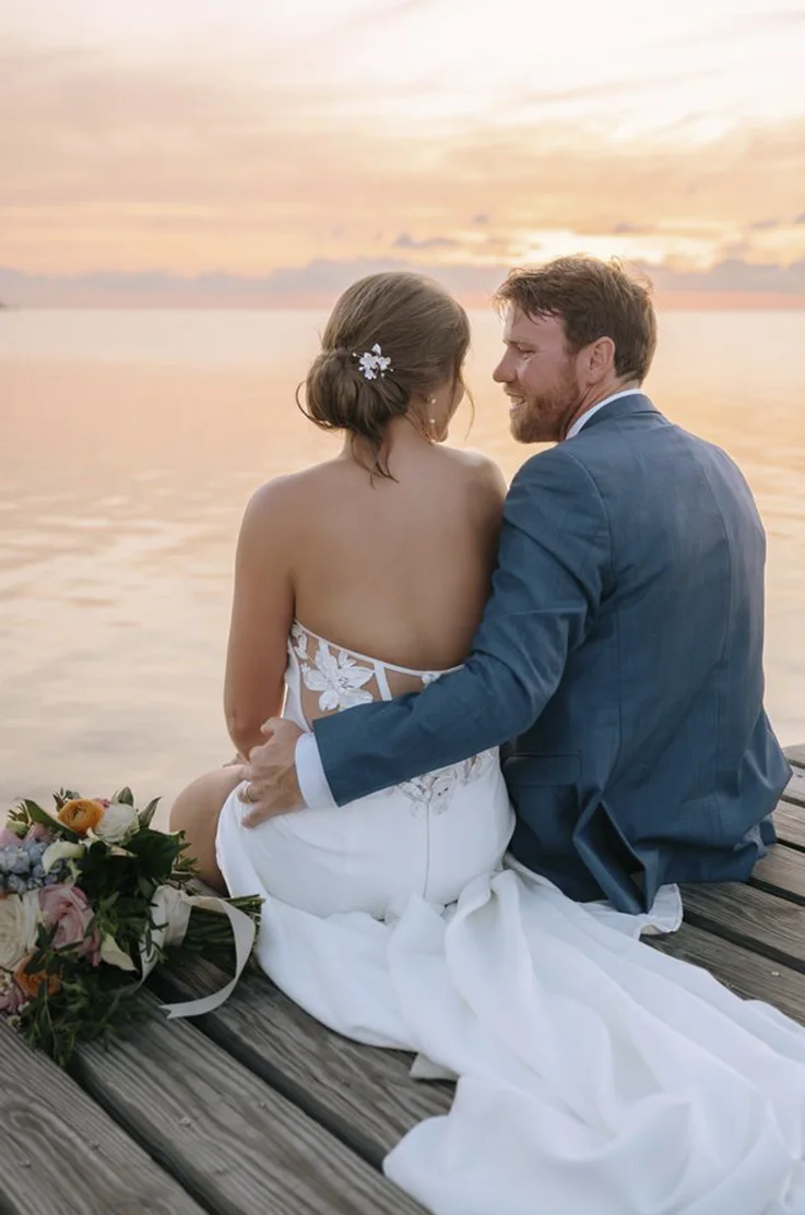 Back of bride sitting down in a crepe fitted gown with tulle, beside her groom on a dock as the sun sets.