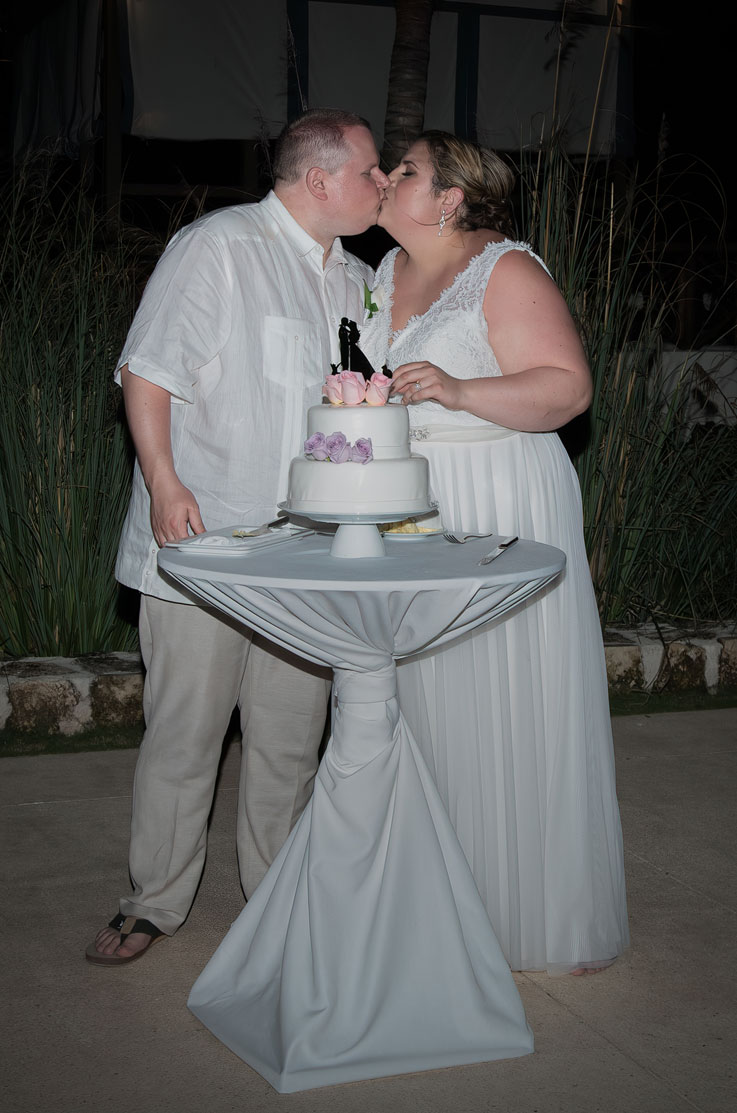A bride in a tulle skirt wedding dress and a groom in a short sleeve dress shirt kiss while standing behind a small table and wedding cake.
