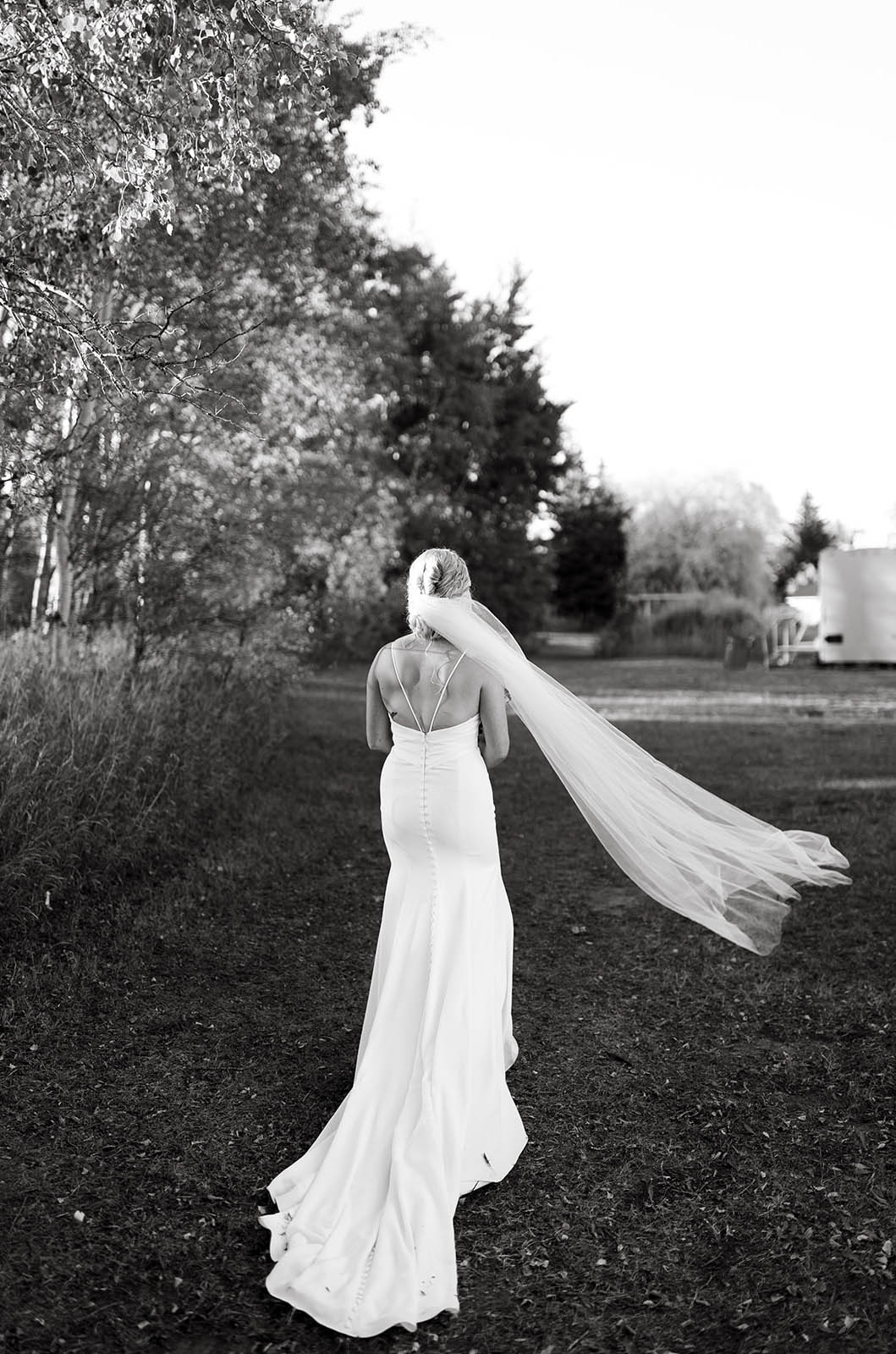 Back of bride walking in a crepe fit and flare gown with a buttoned back, crossover straps and a veil in black and white.