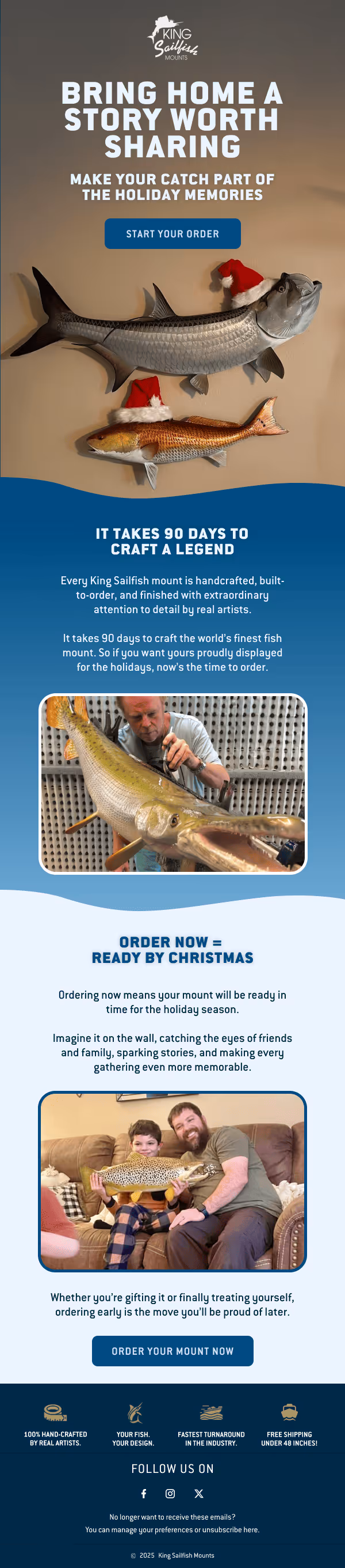 Promotional banner for King Sailfish Mounts featuring two fish mounts with Santa hats, a craftsman working on a fish mount, and a father and son holding a fish mount on a couch.