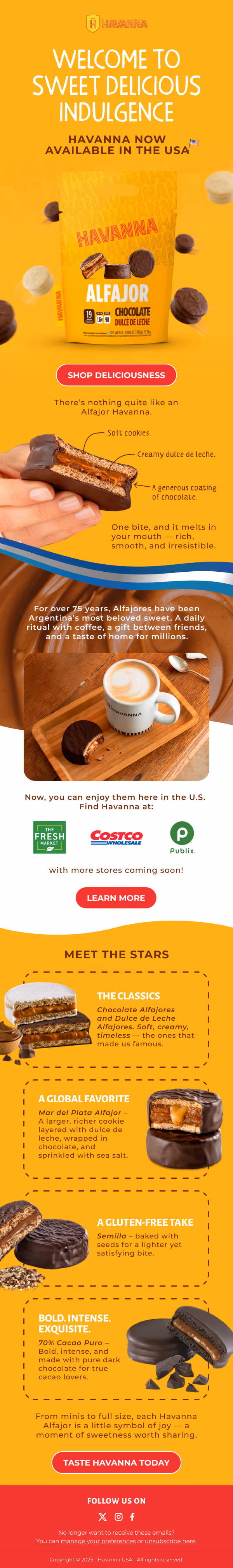 Havanna Alfajor chocolate dulce de leche sweet indulgence ad with product images, descriptions, coffee cup, and store logos for USA availability.
