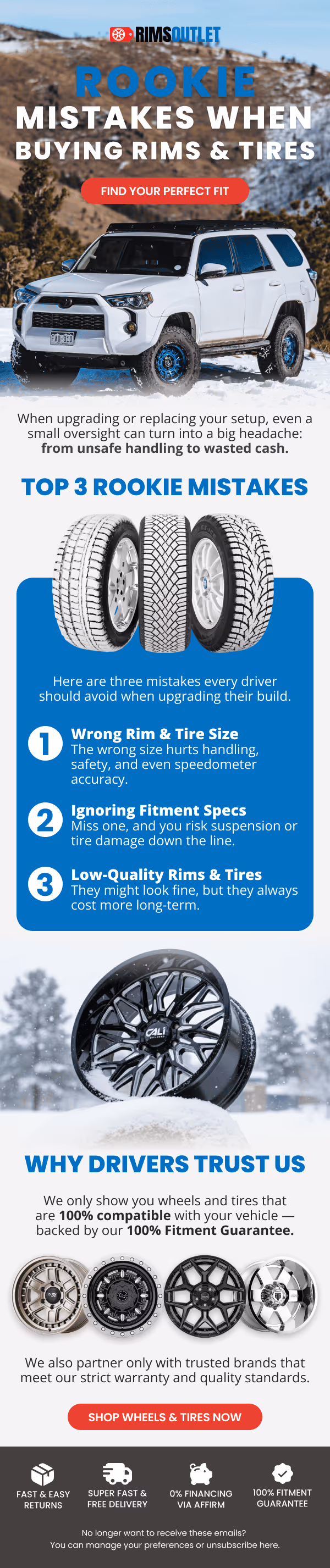 Infographic titled Rookie Mistakes When Buying Rims & Tires with a white SUV in snow, top 3 mistakes listed with tire images, reasons why drivers trust the brand, and a call to action to shop wheels and tires.
