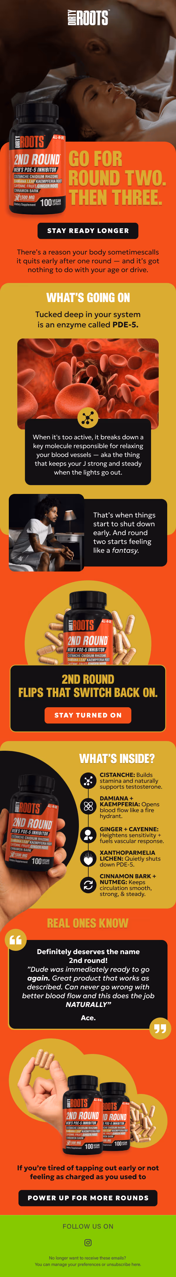 Advertisement for Dirty Roots 2nd Round men's supplement showing a couple being intimate, product bottles, enzyme explanation, ingredients list, customer testimonial, and call to action to improve stamina and performance.