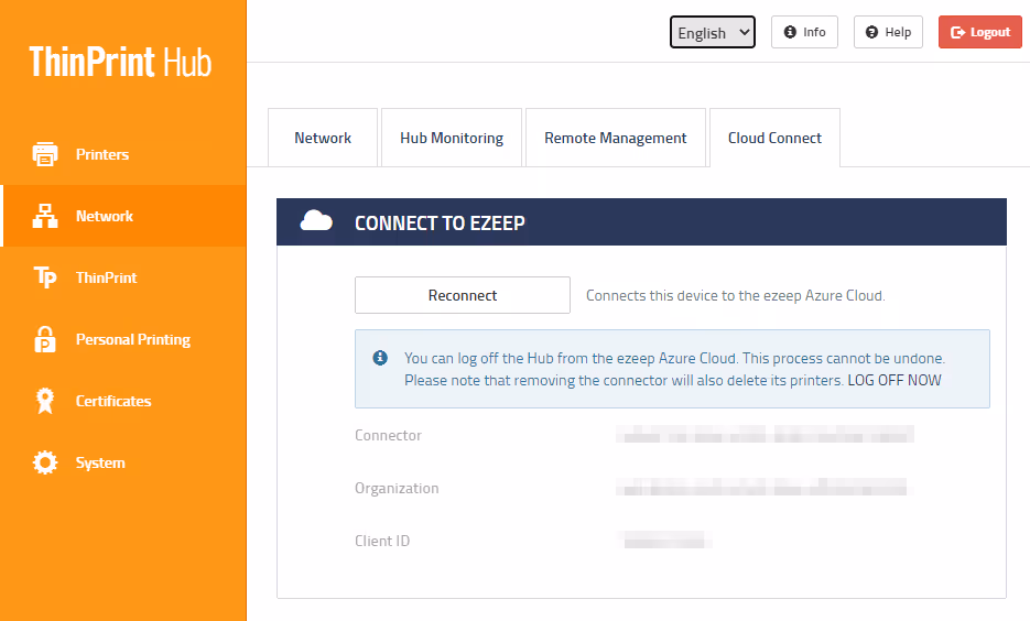 A screen with a blue background and a message that says "Please note that this process will also delete the connection to the hub from the Azure cloud."