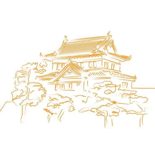 A black and white drawing of a building with orange accents.