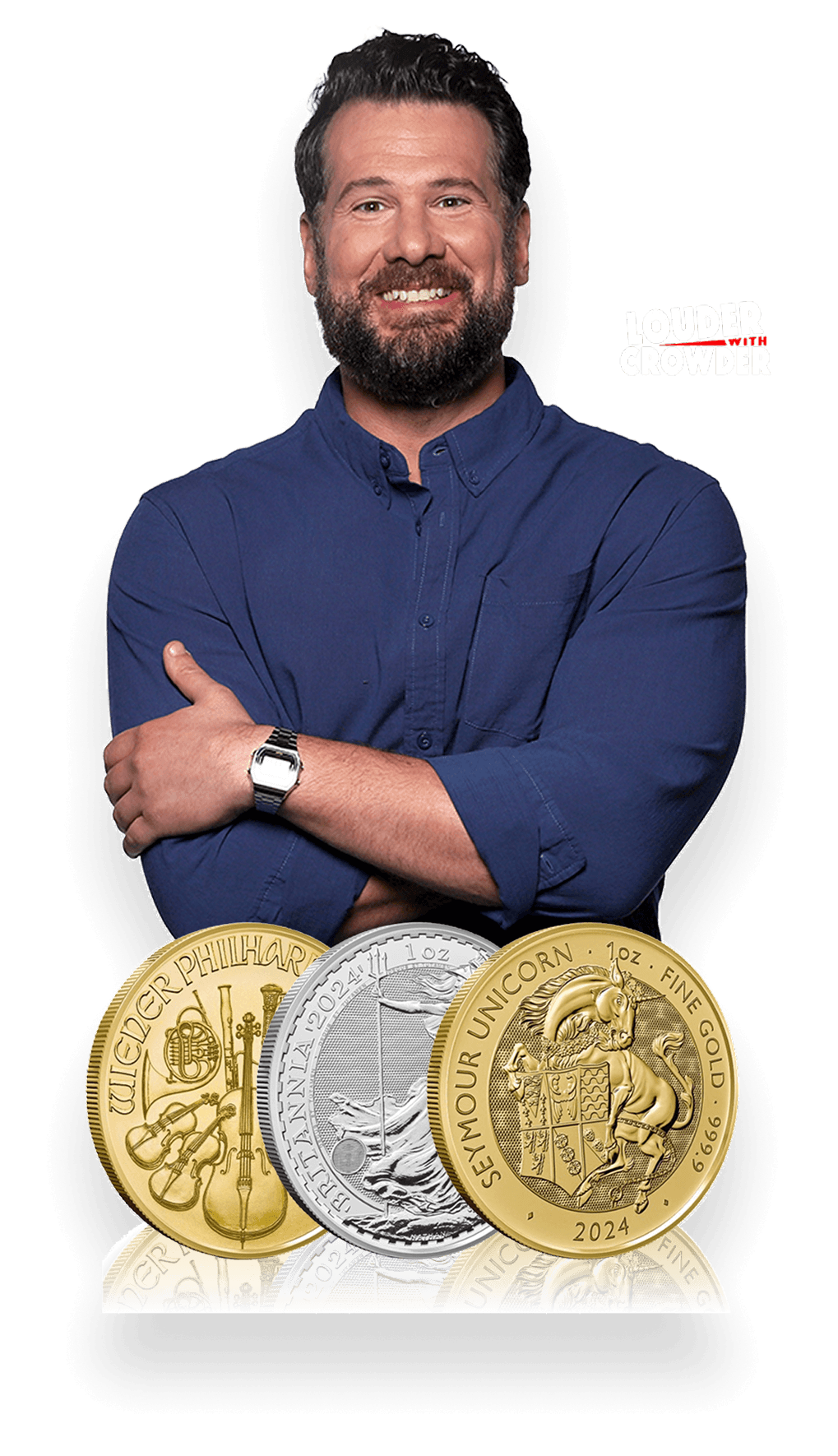 Man with beard and blue shirt smiling with arms crossed above three collectible coins.