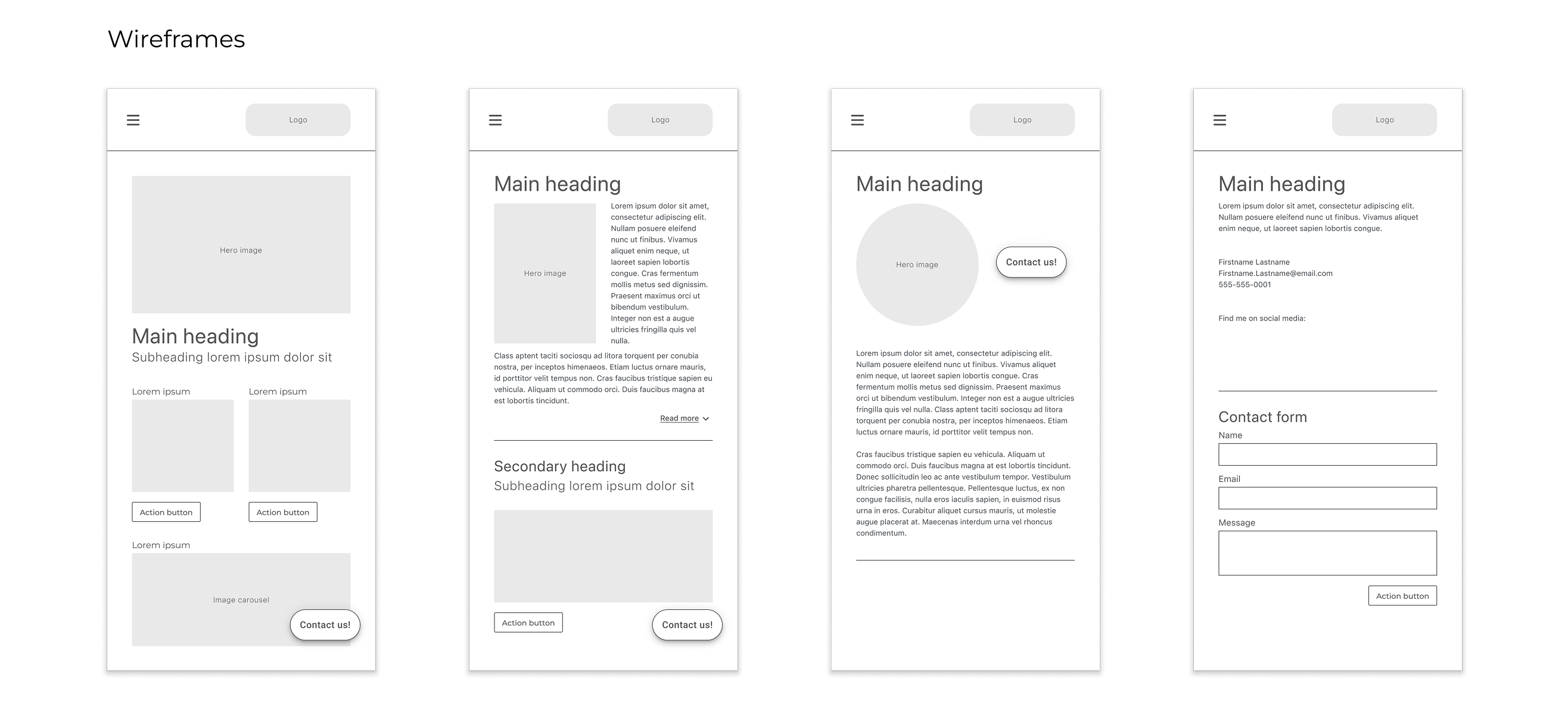 Wireframes for mobile web page
