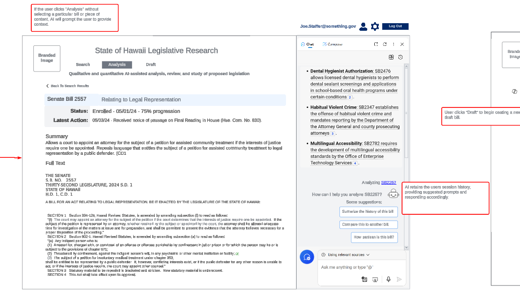 Mockup of an AI interface for legislative and media analysis