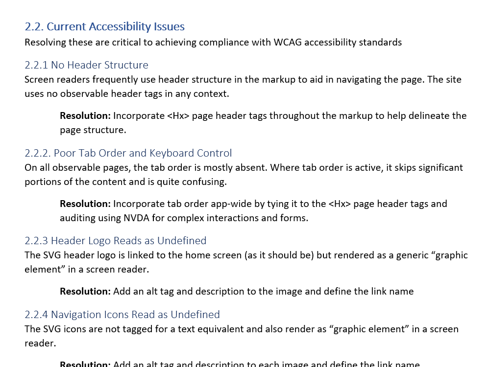 A screenshot of text document outlining several of the results of my accessibility audit and recommendations for remediation.