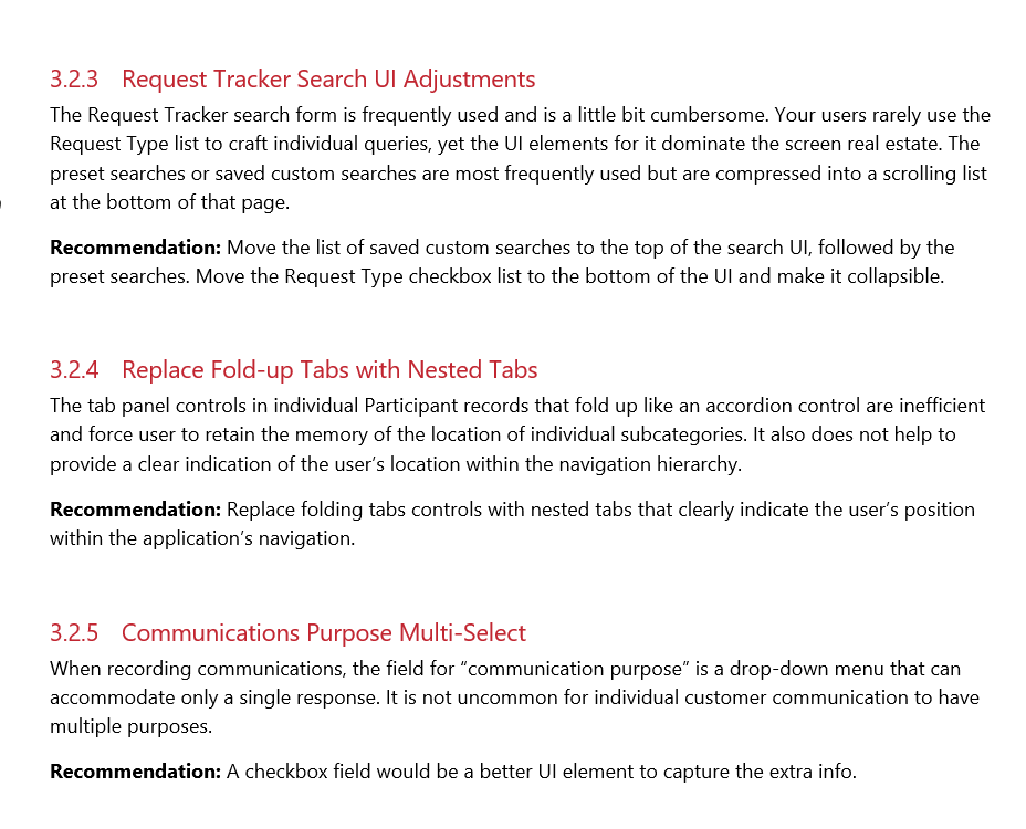 Image of a sample from my UX research document, listing several UX issues and recommended resolutions.