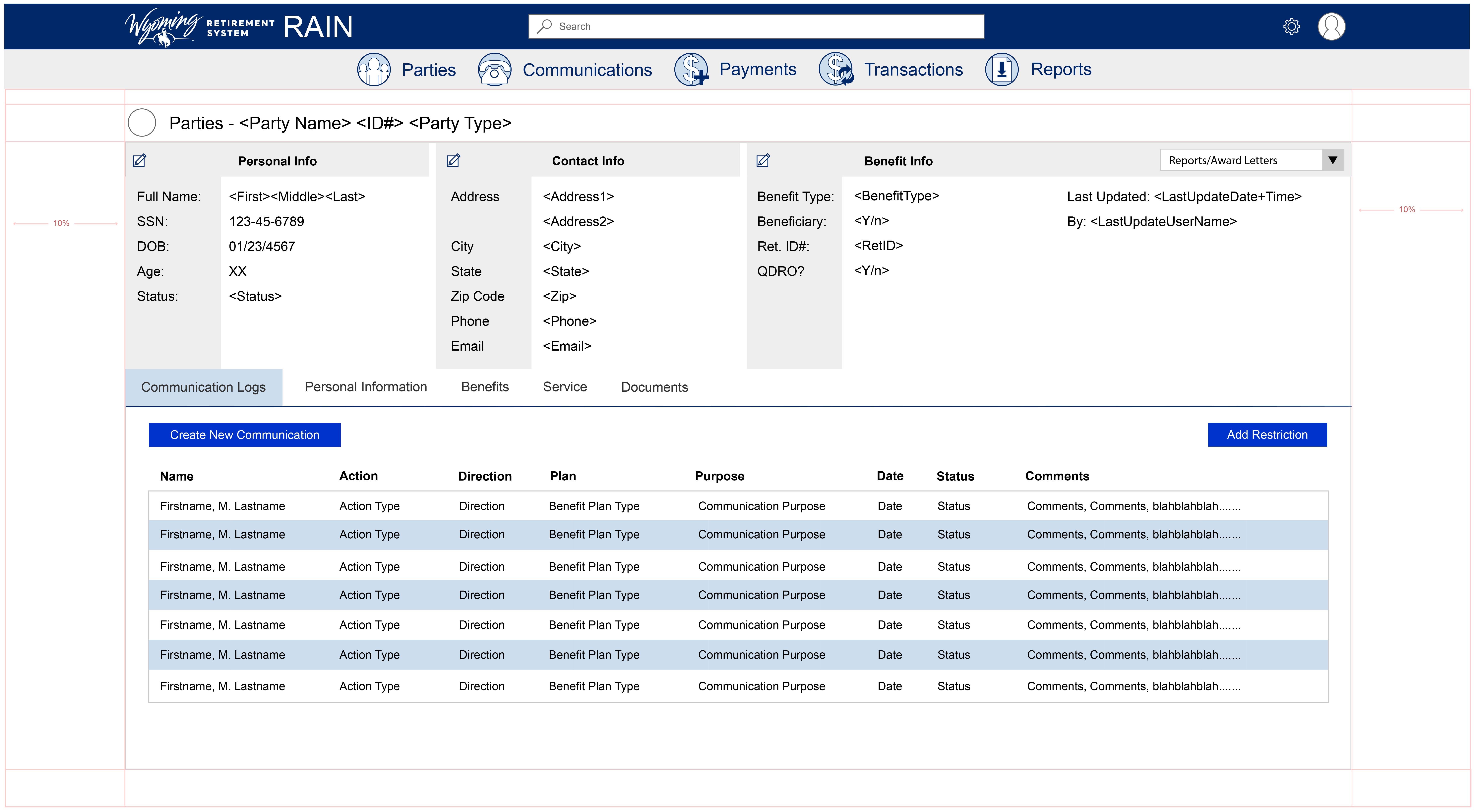An example of the interaction design and layout for RAIN CMS