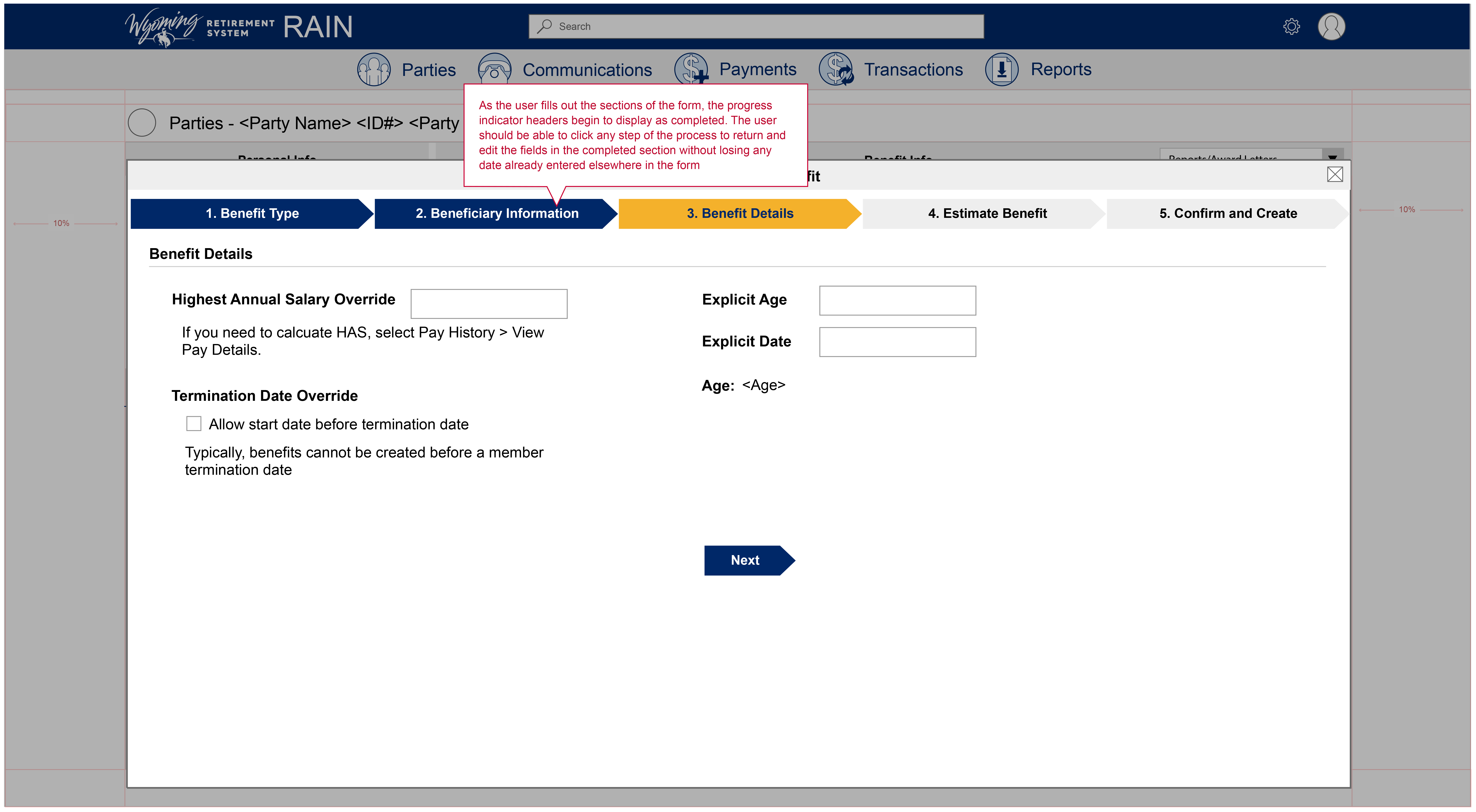 Design and layout foe the step-by-step beneficiary modal form