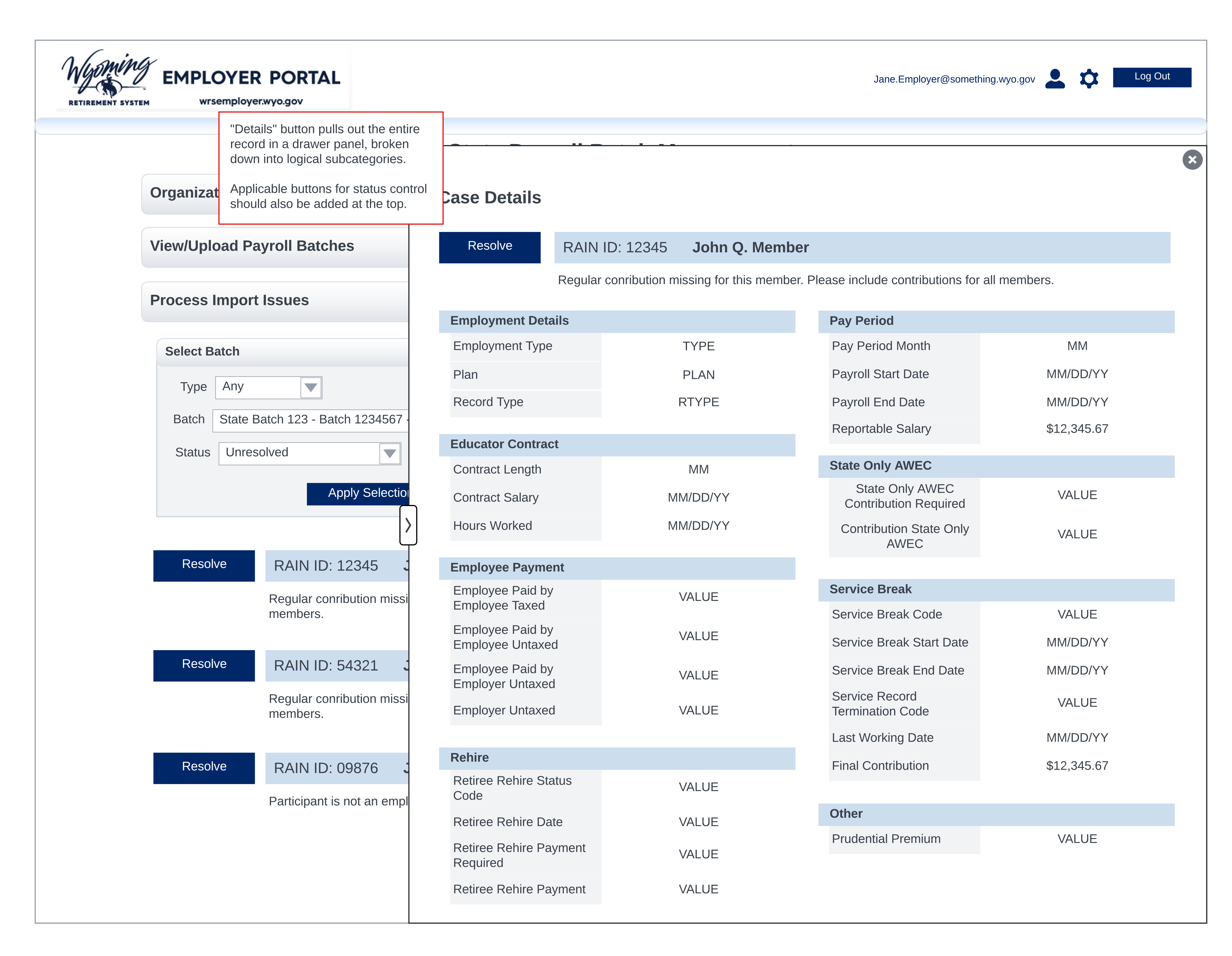Visual and interactive design for the employer portal with annotations to guide developers