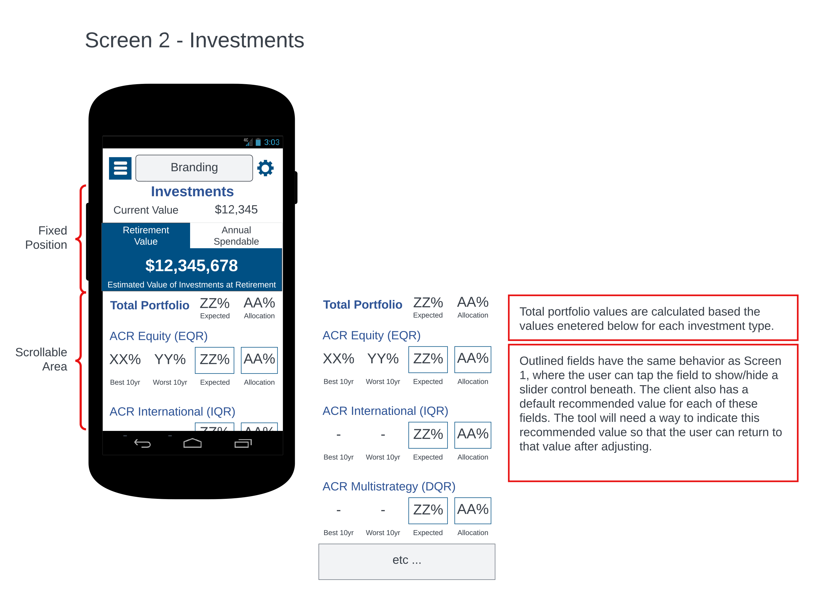 A mobile screen mockup showing individual portfolio allocation values