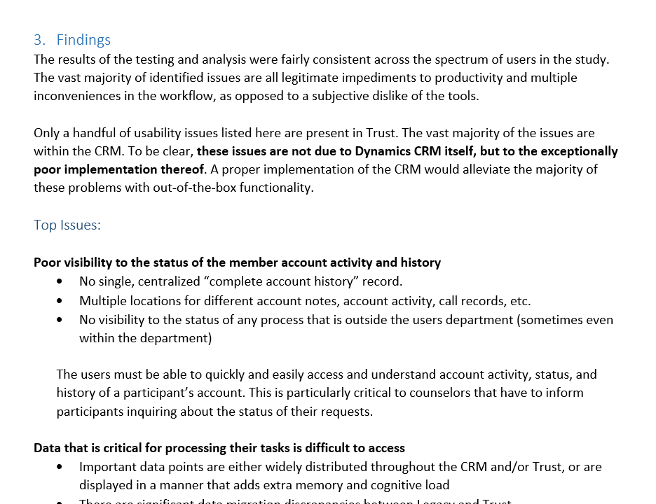 A summary and part of a list of the findings from the UX research
