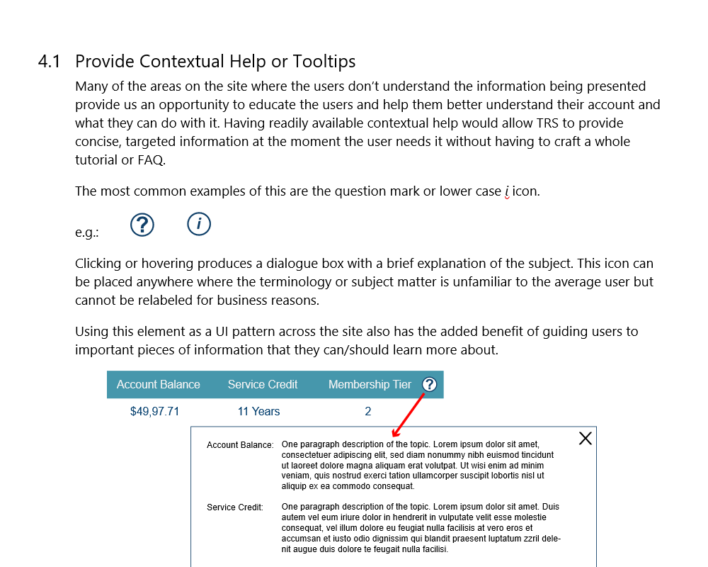 A descriptive recommendation for adding tooltips based on a variety of user feedback