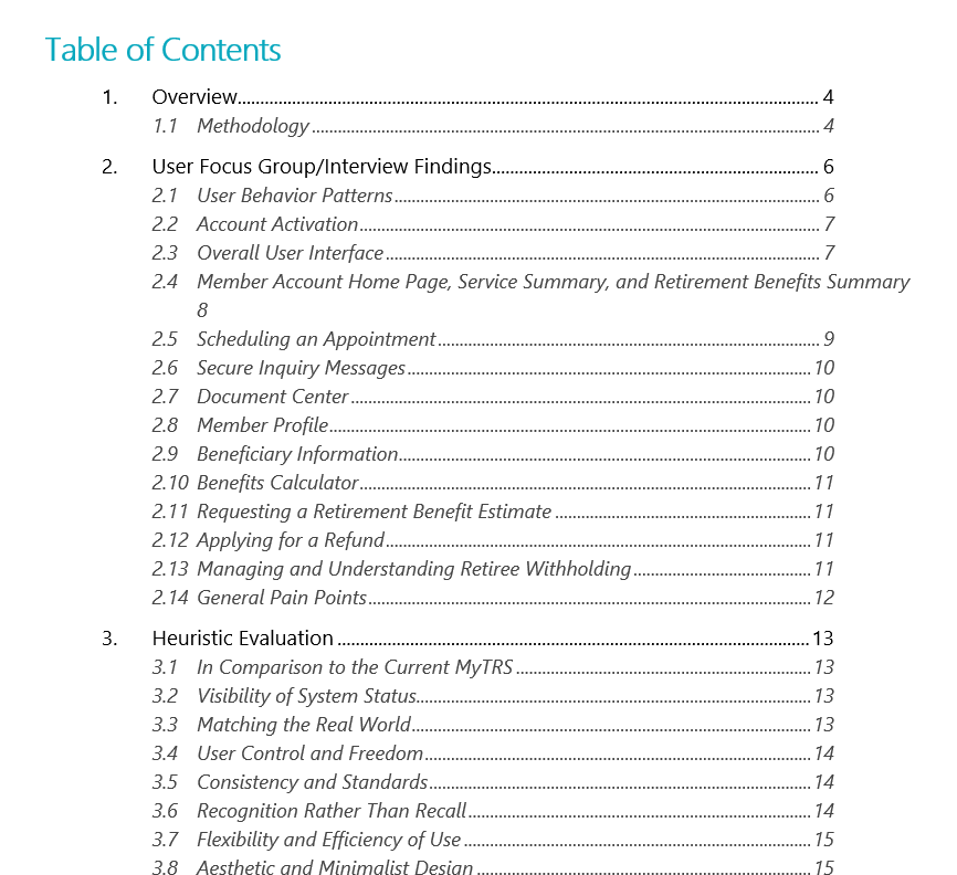 A table of contents excerpt detailing the content contained, organized by the various methodologies used