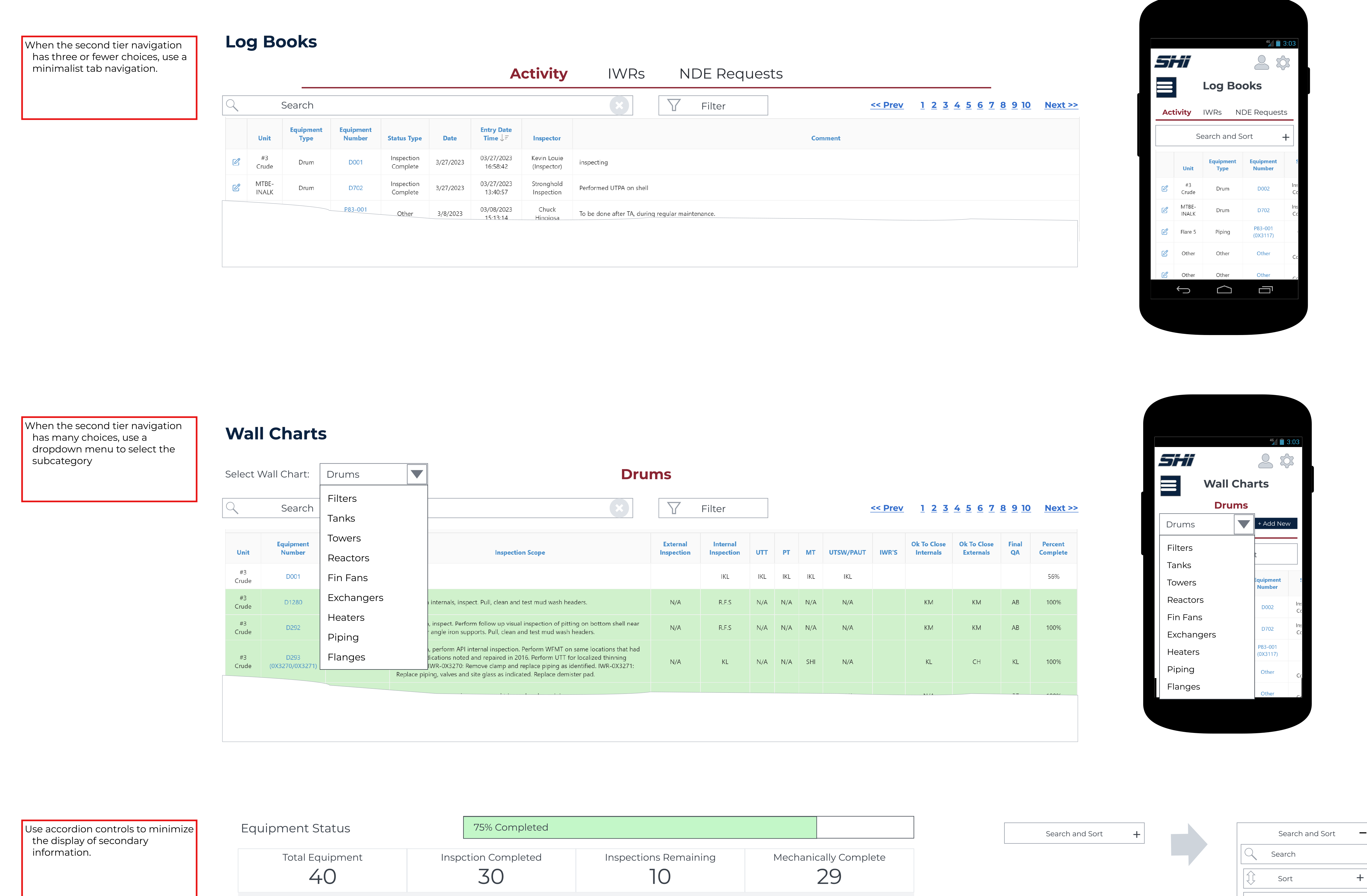 A detail of navigation control patterns for both desktop and responsive views