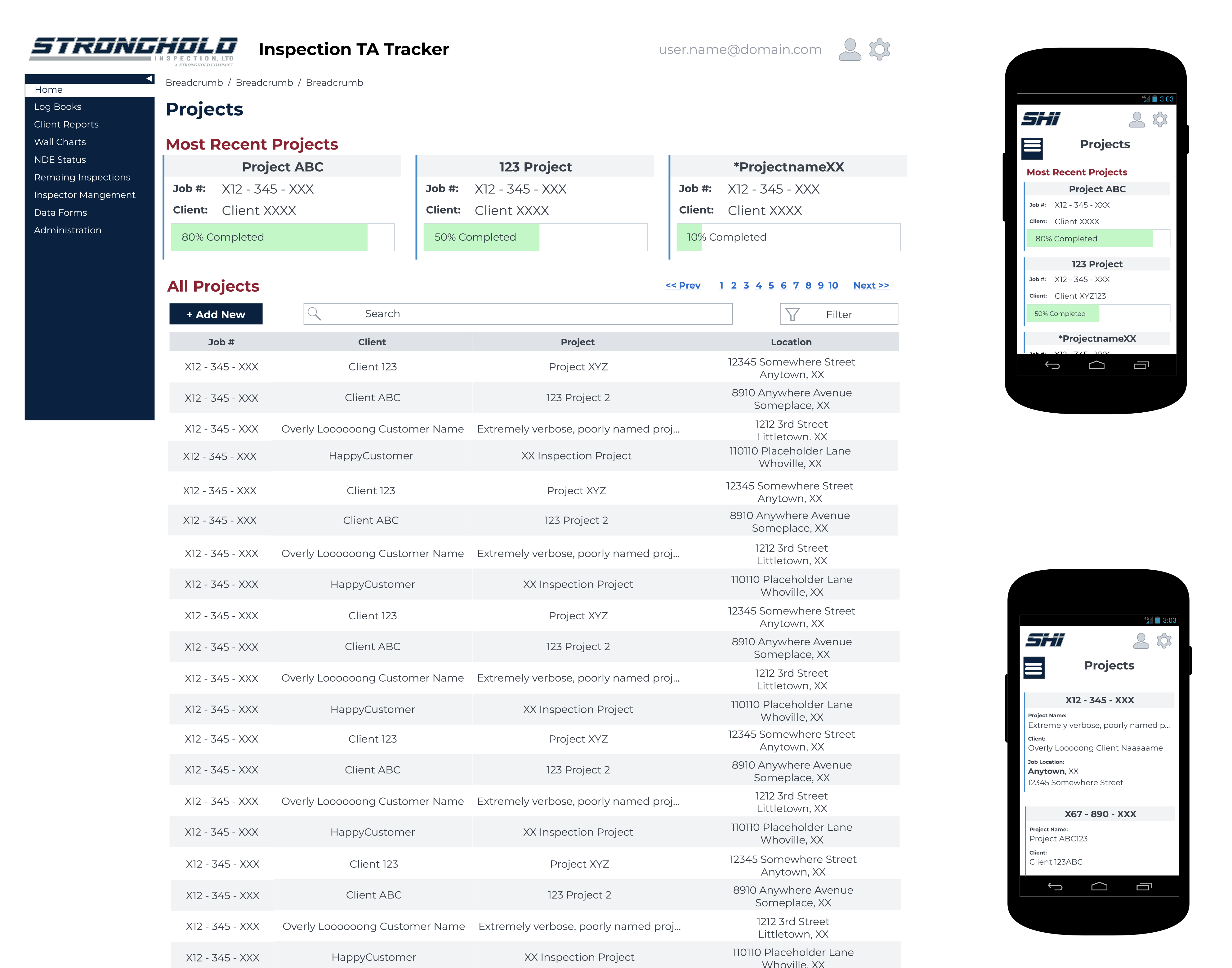 Mockup of a project search and tracking system