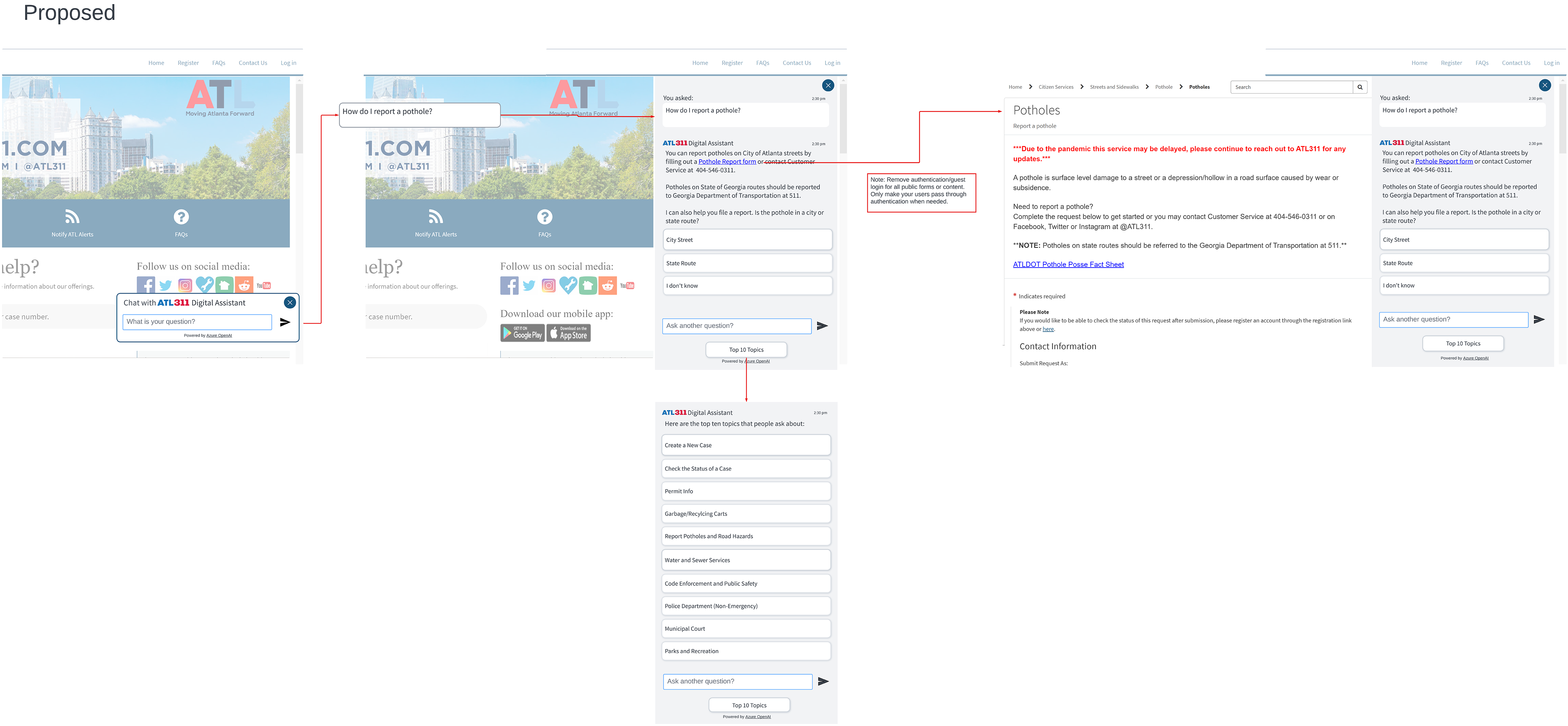 Mockup and user flow diagram for a city 311 chatbot AI