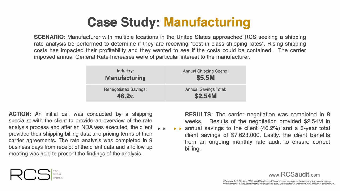 Manufacturing industry case study showing how RCS Audit optimized carrier contracts and recovered late delivery refunds for a high-volume shipper.