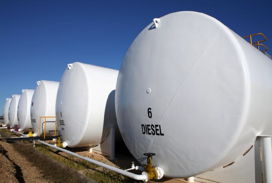 Diesel storage tanks lined up outdoors