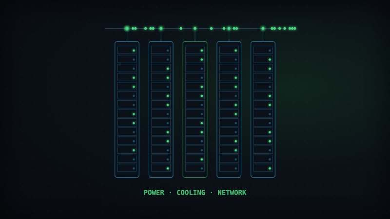 Data center server racks with power, cooling, and network status lights