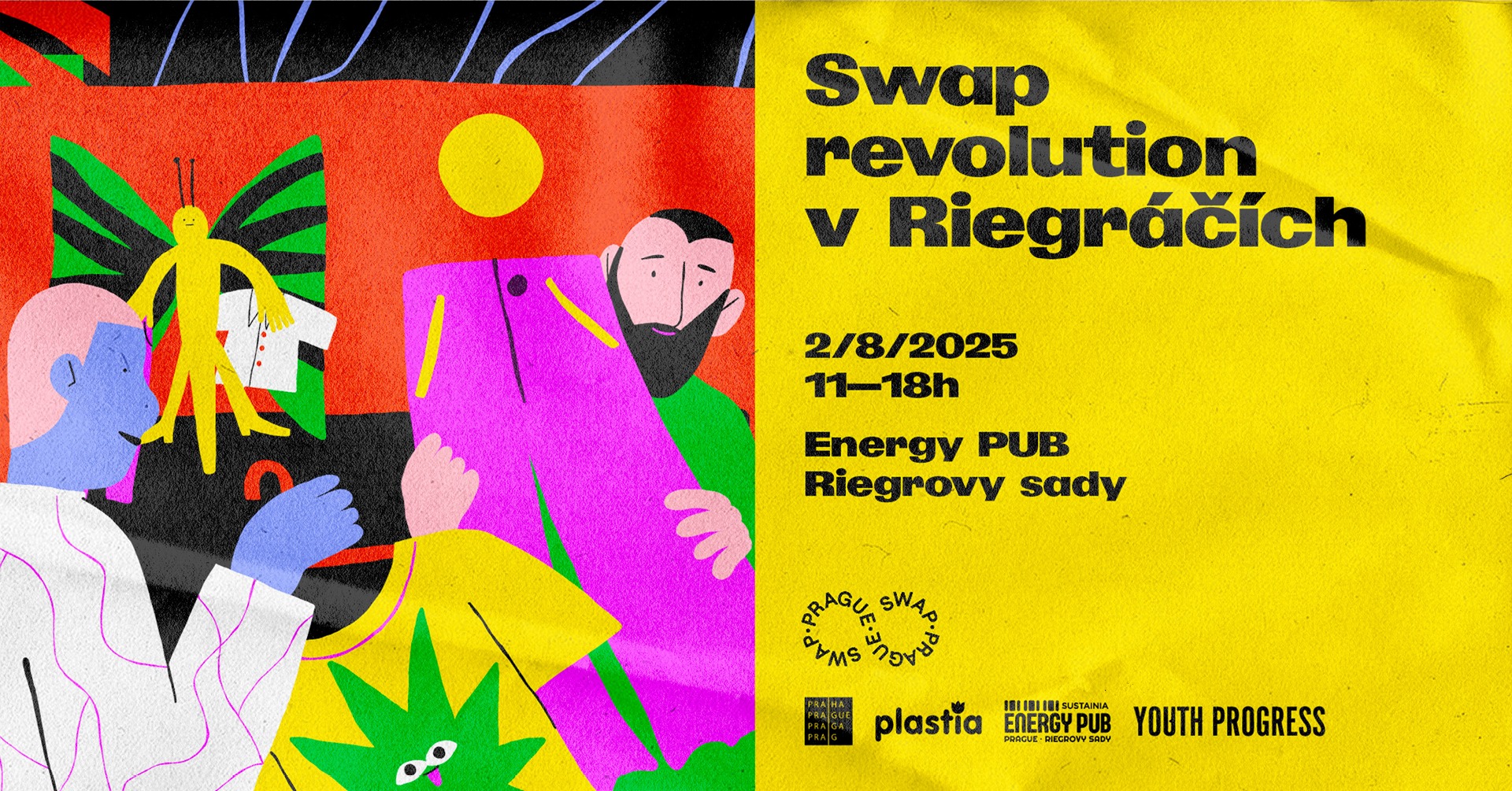 May be pop art of text that says 'Swap አድፍ 福 revolution V Riegráčich 2/8/2025 11-18h Energy PUB Riegrovy sady SSMS plastia SUSBANIA ENERGYPUB EhERUB SLACAYSIE SADY YH PROGRESS GUDUR'