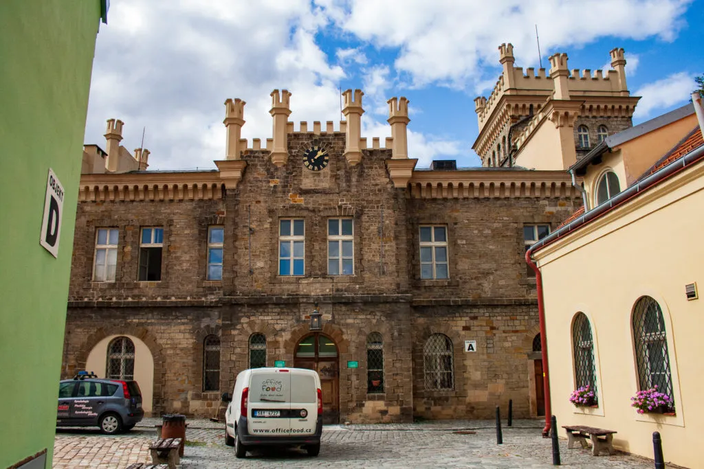 Neo-Gothic facade of Hloubetin Castle in Prague.