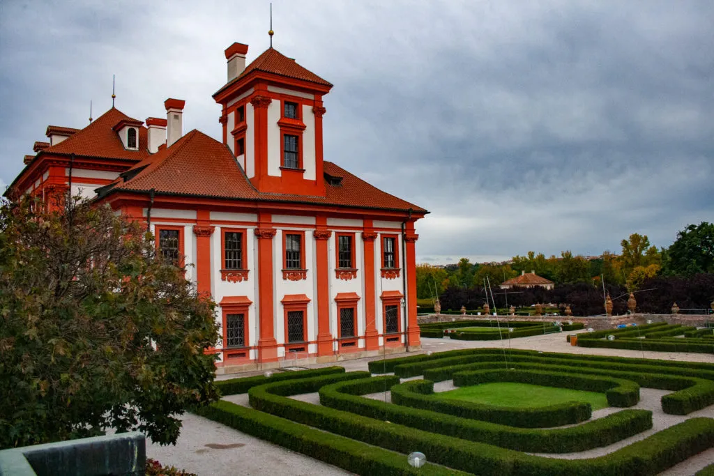 Orangery and landscaped garden at Troja Chateau in Prague.