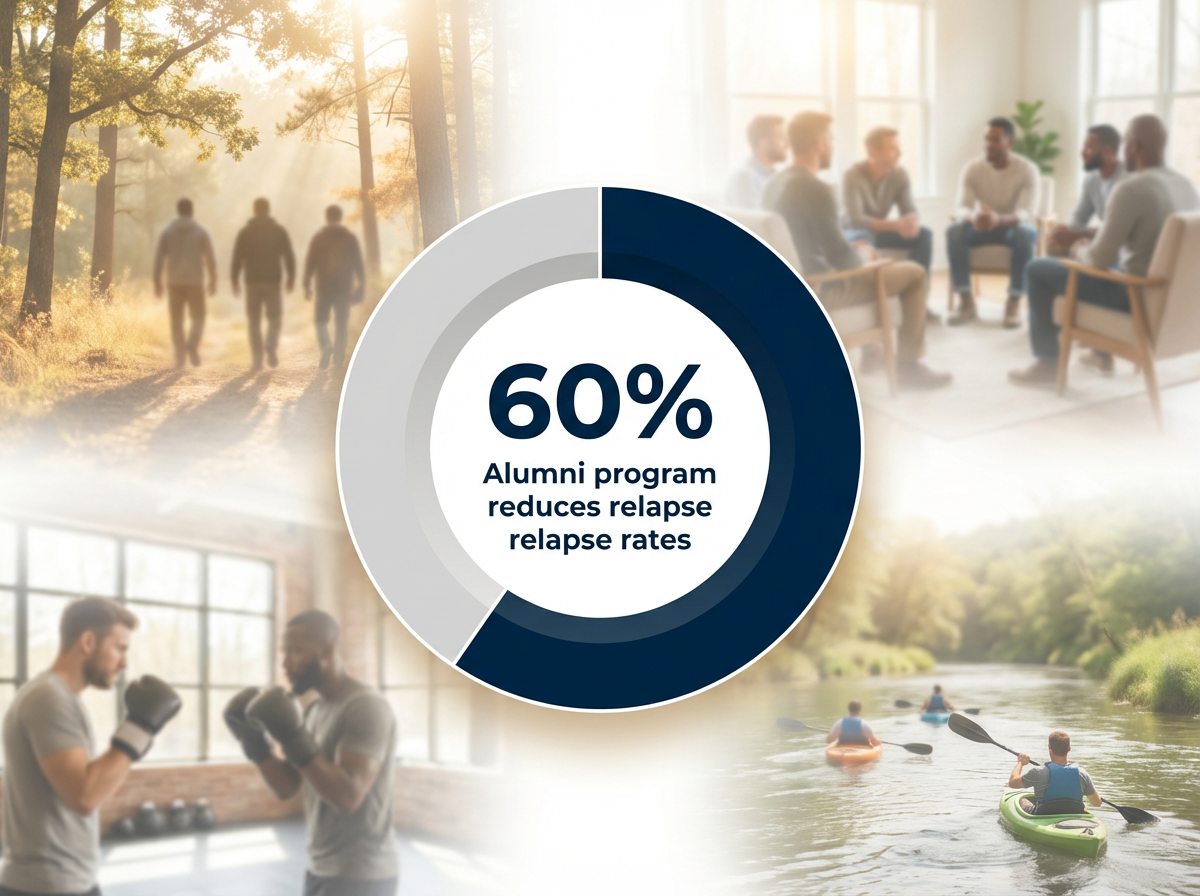 Infographic showing Reduction in relapse rates with alumni program engagement: 60%