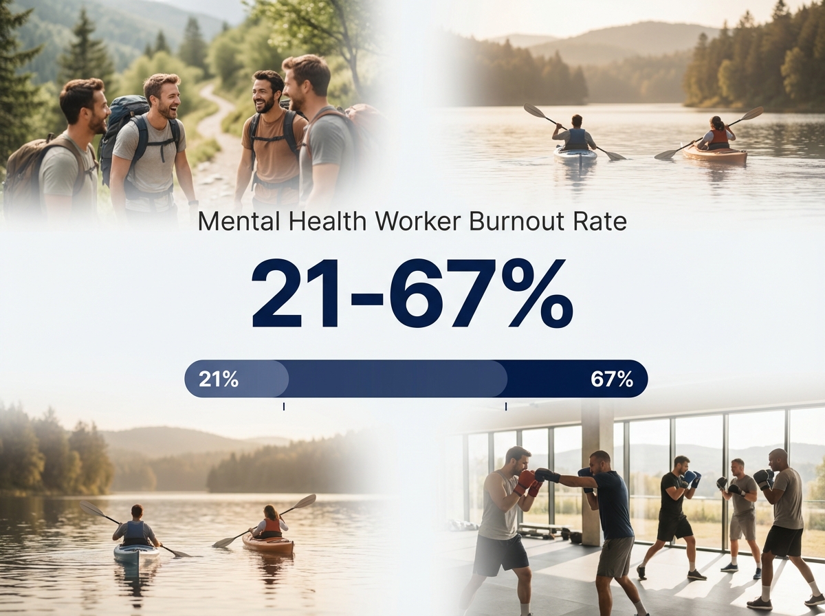 Infographic showing Burnout Rate Among Mental Health Workers: 21-67%