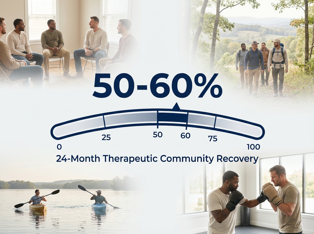 Infographic showing Sustained Recovery Outcomes (24 months) in Therapeutic Communities: 50-60%