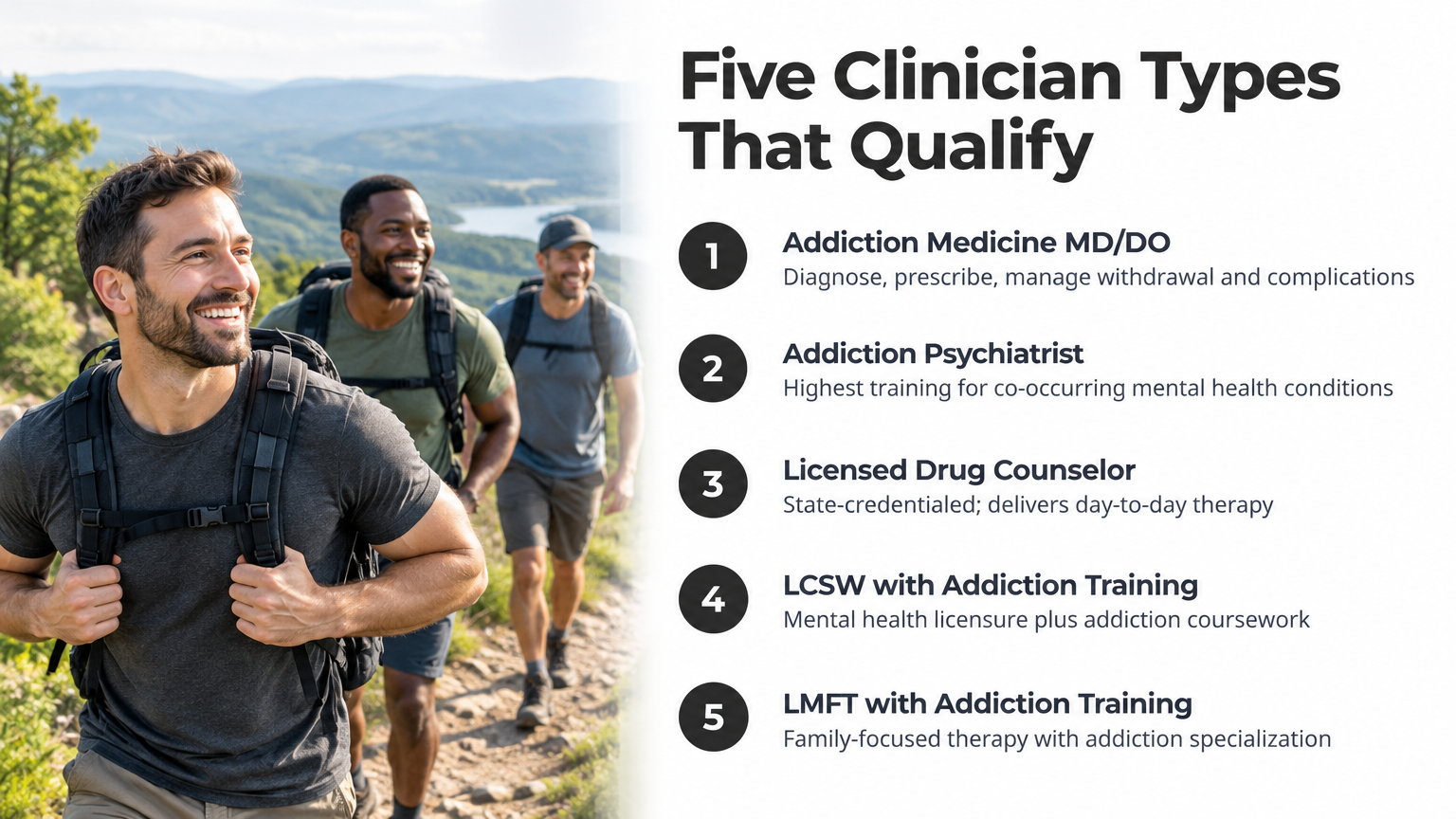 Infographic listing five addiction specialists: physician, psychiatrist, counselor, LCSW, LMFT