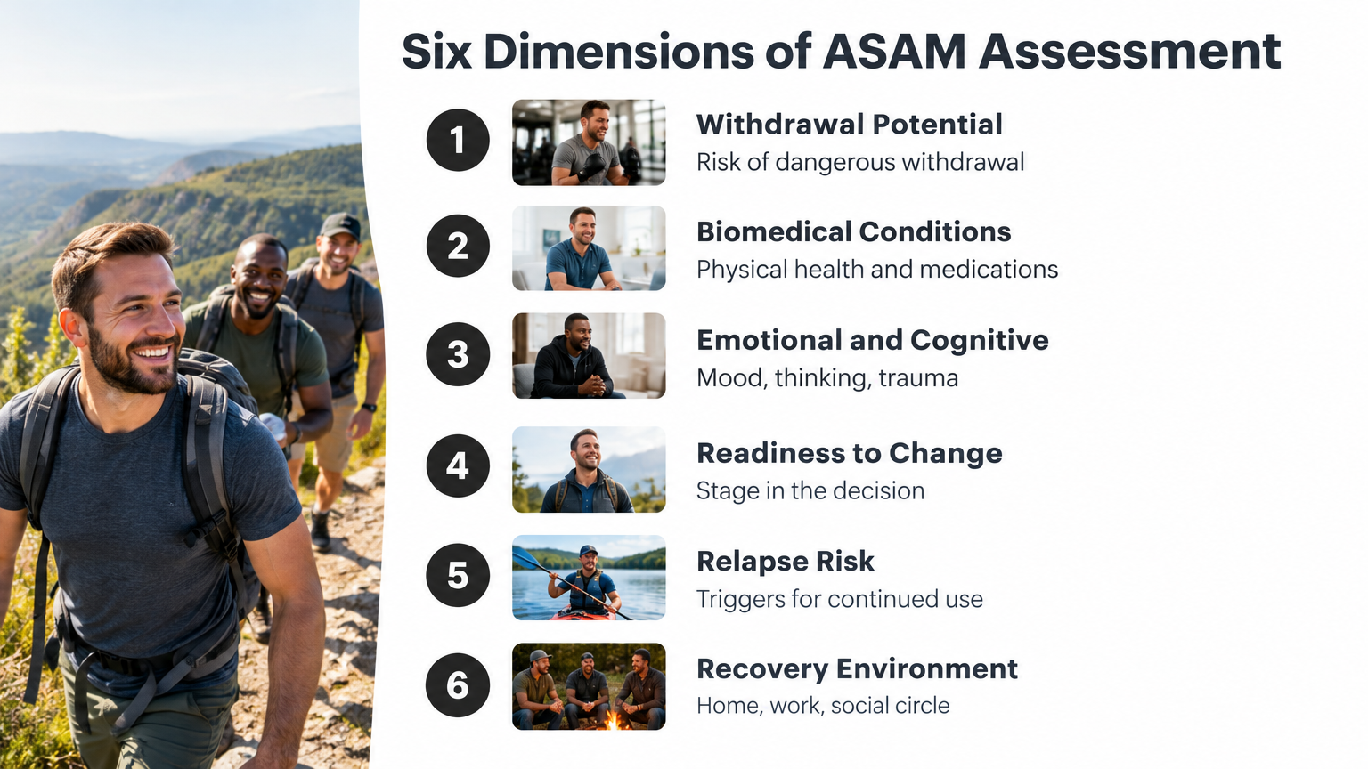 Infographic listing the six dimensions of ASAM assessment with short descriptions.