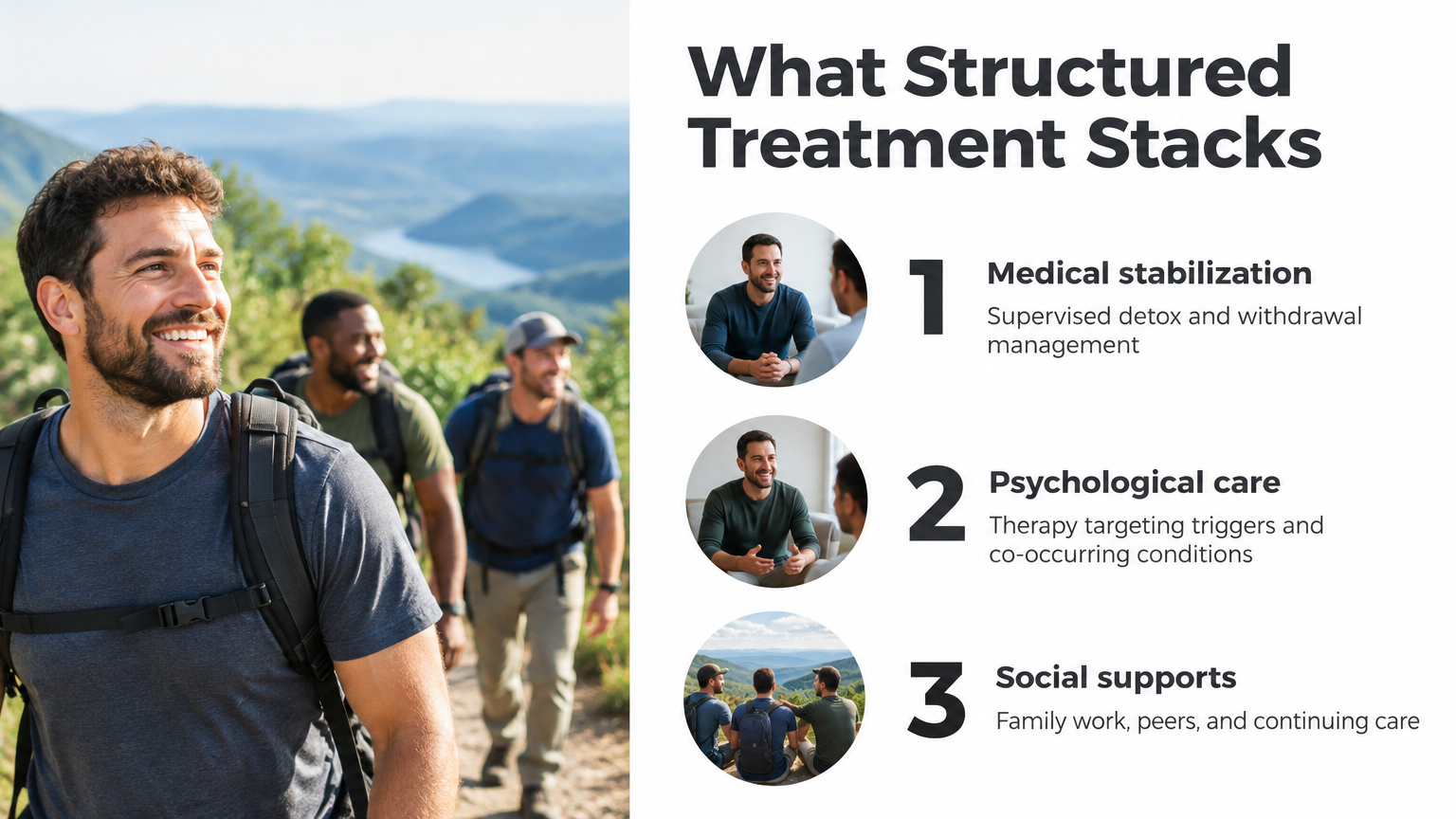 Infographic showing three benefits of drug rehabilitation: medical stabilization, psychological care, and social supports.