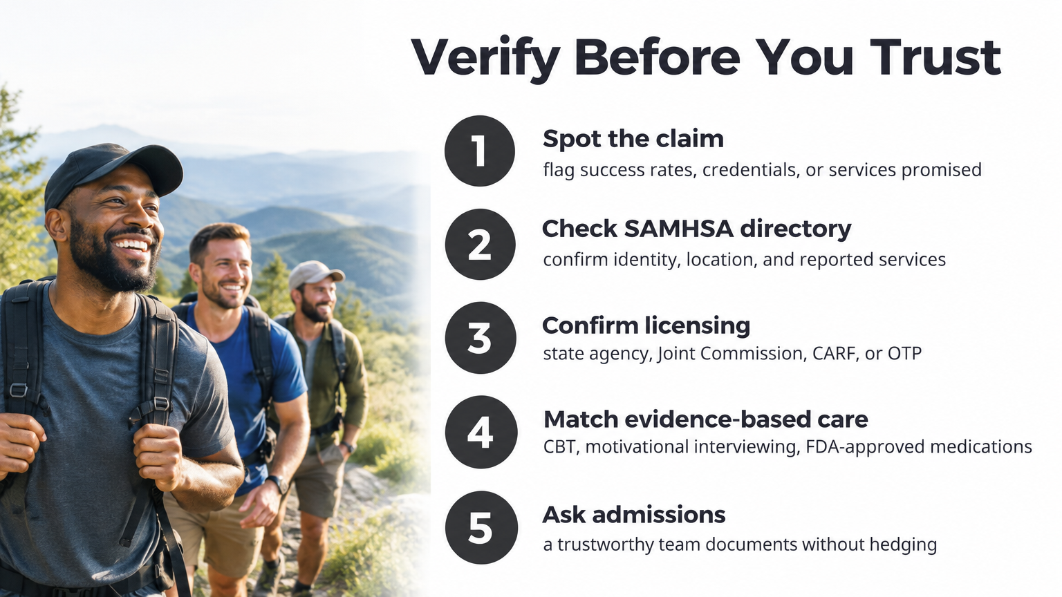 Five-step infographic for verifying drug rehab reviews, from spotting claims to checking SAMHSA