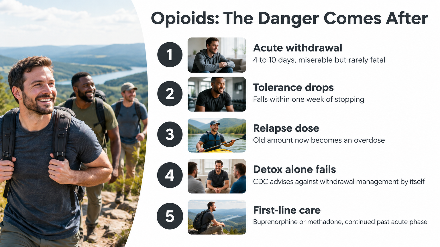 Infographic listing five opioid detox risks explaining why drug detox at home alone fails