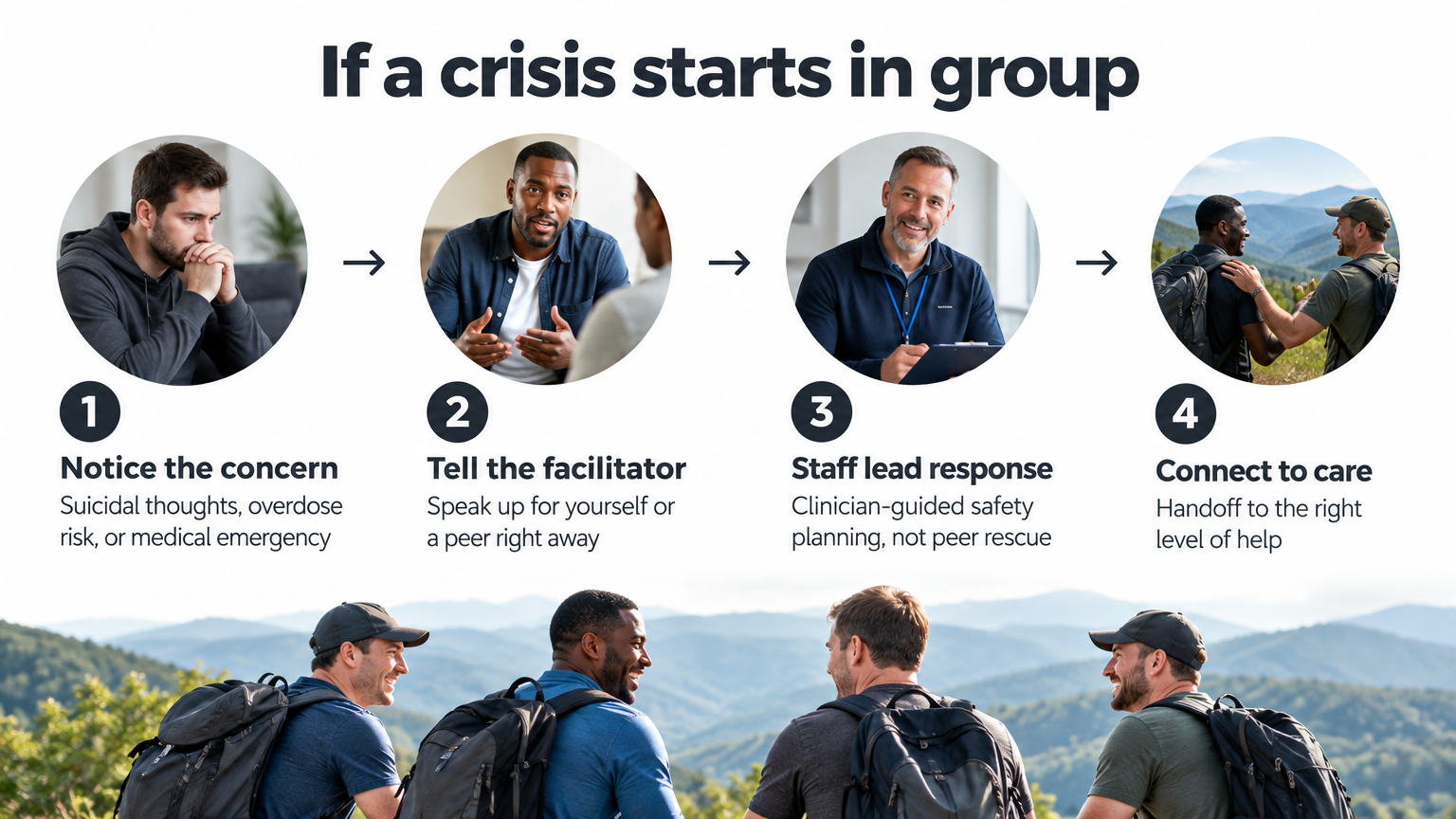Four-step infographic showing how to report safety concerns in an IOP group session