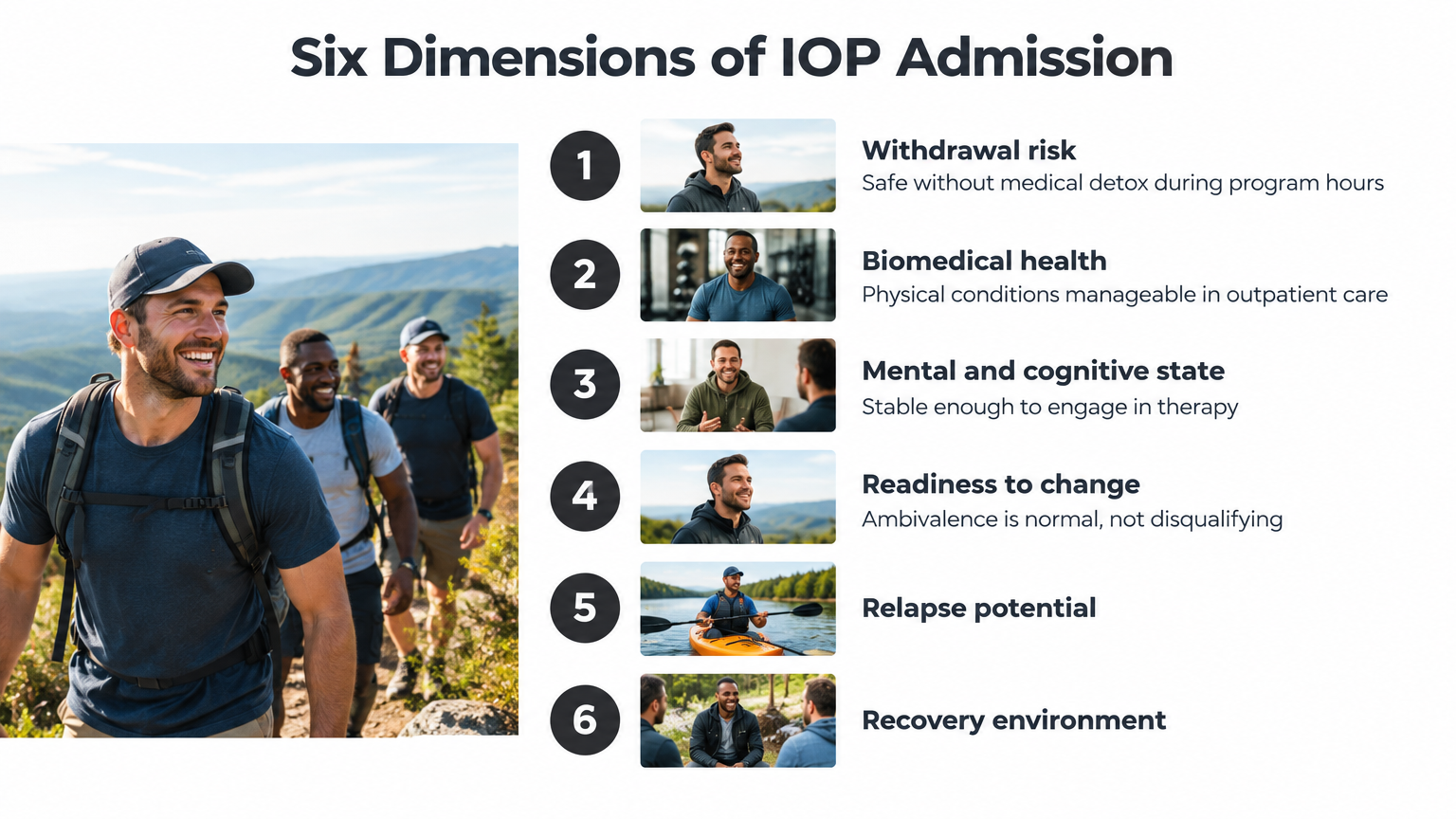 Infographic listing six dimensions behind IOP program requirements and admission decisions.
