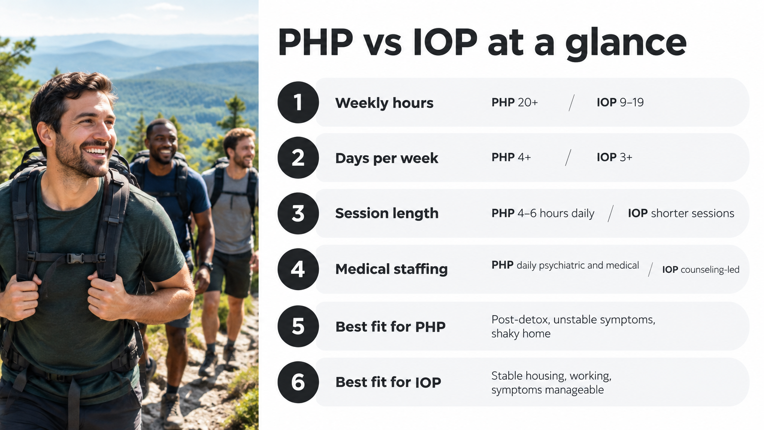 IOP vs PHP comparison infographic showing weekly hours, days, staffing, and best-fit criteria
